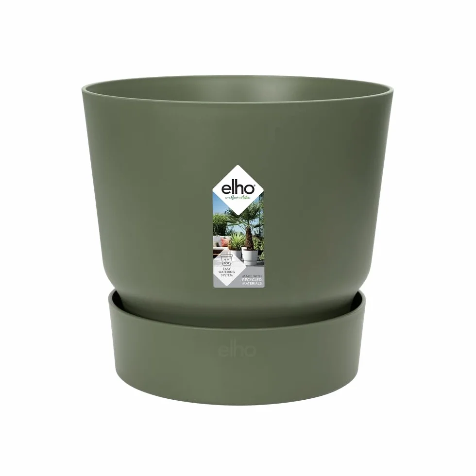Elho Greenville Rond 16 Pot De Fleurs avec Réservoir d'eau Intégré, Plastique 100% Recycle, Ø 16 x H 15.3 cm, Vert/Leaf Green