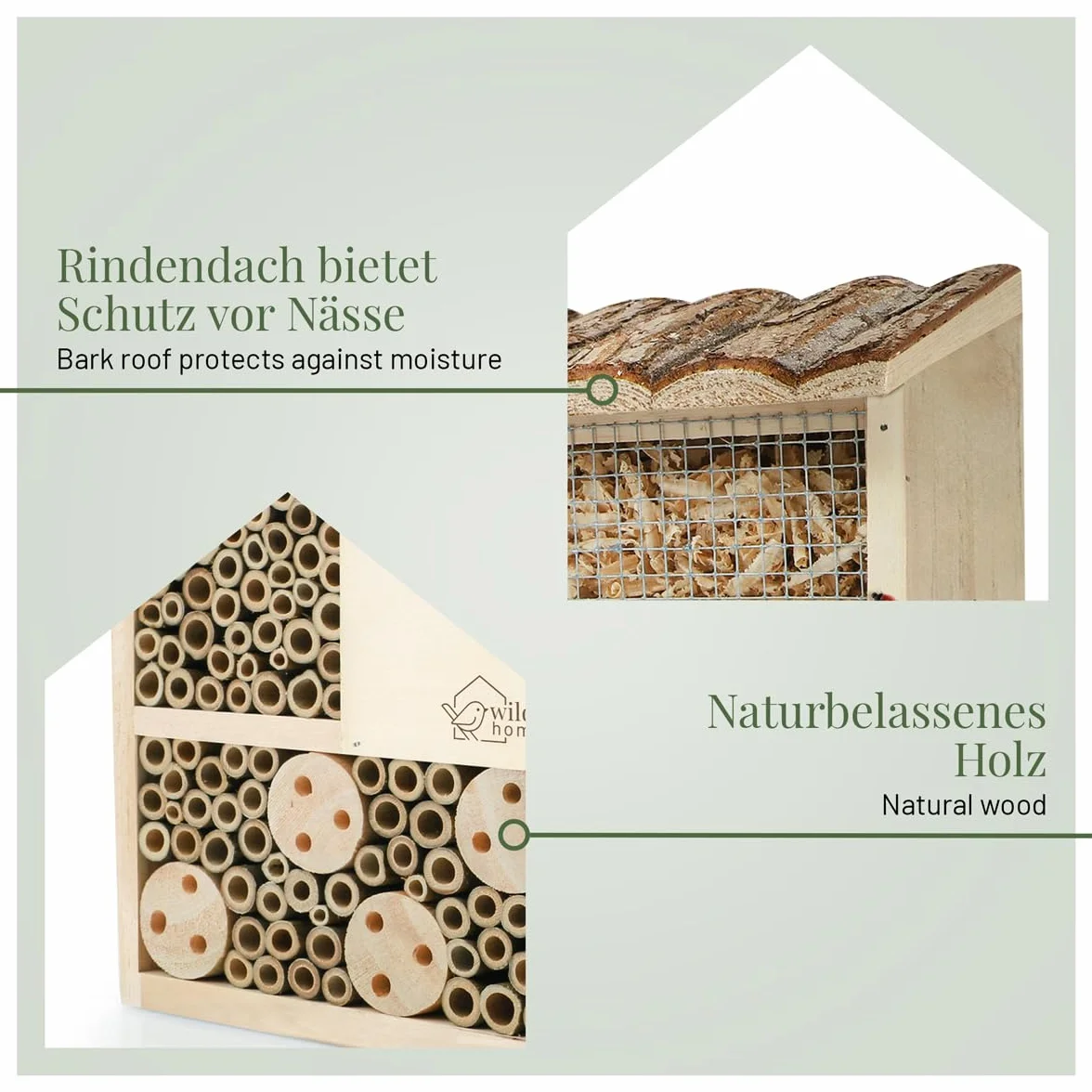 Hôtel à abeilles en bois massif non traité avec toit en écorce pour abeilles et insectes