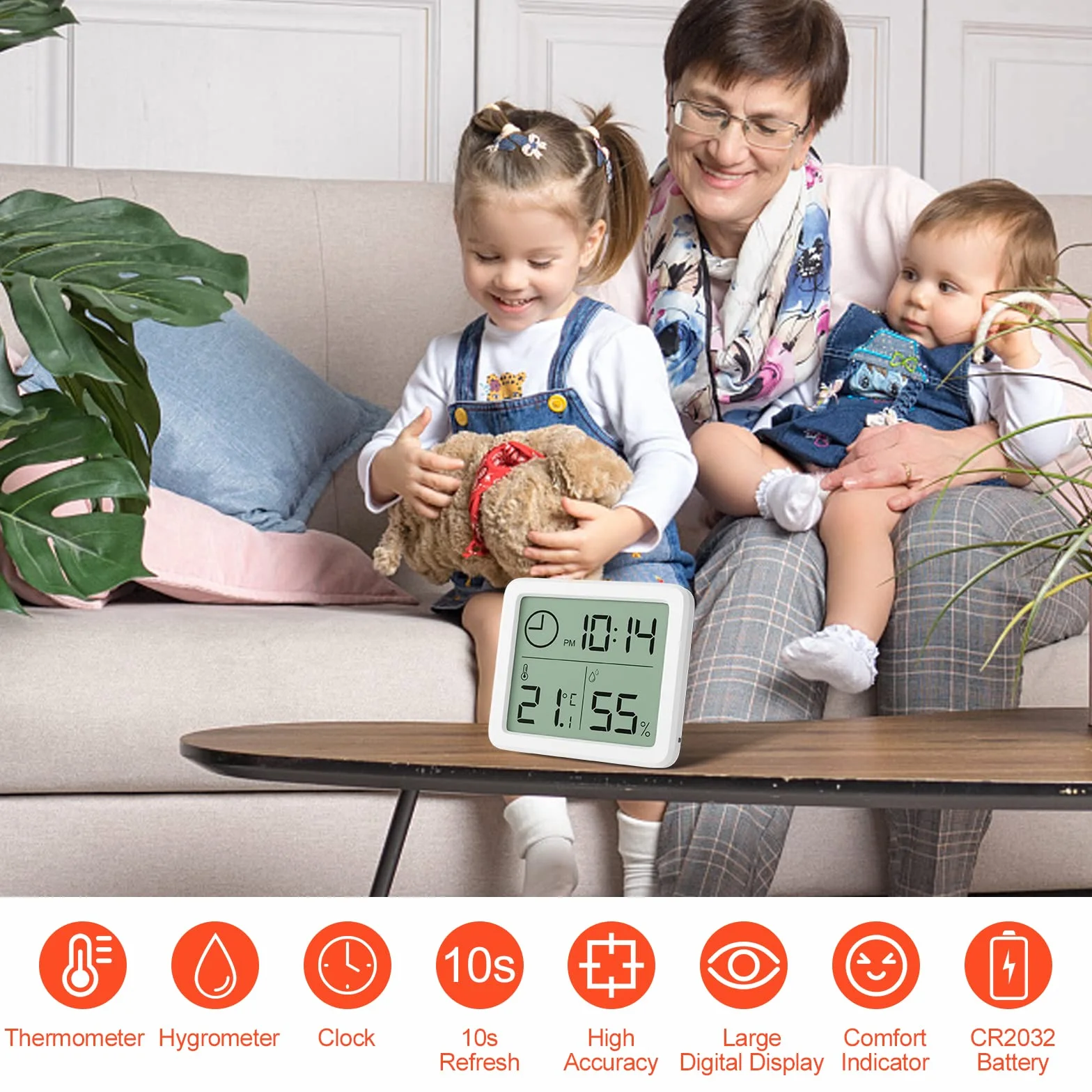Gvolatee Thermometre Interieur Numerique Hygrometre Portable 2 Pieces Grand Ecran Horloge Blanc Precis Maison Chambre Bebe