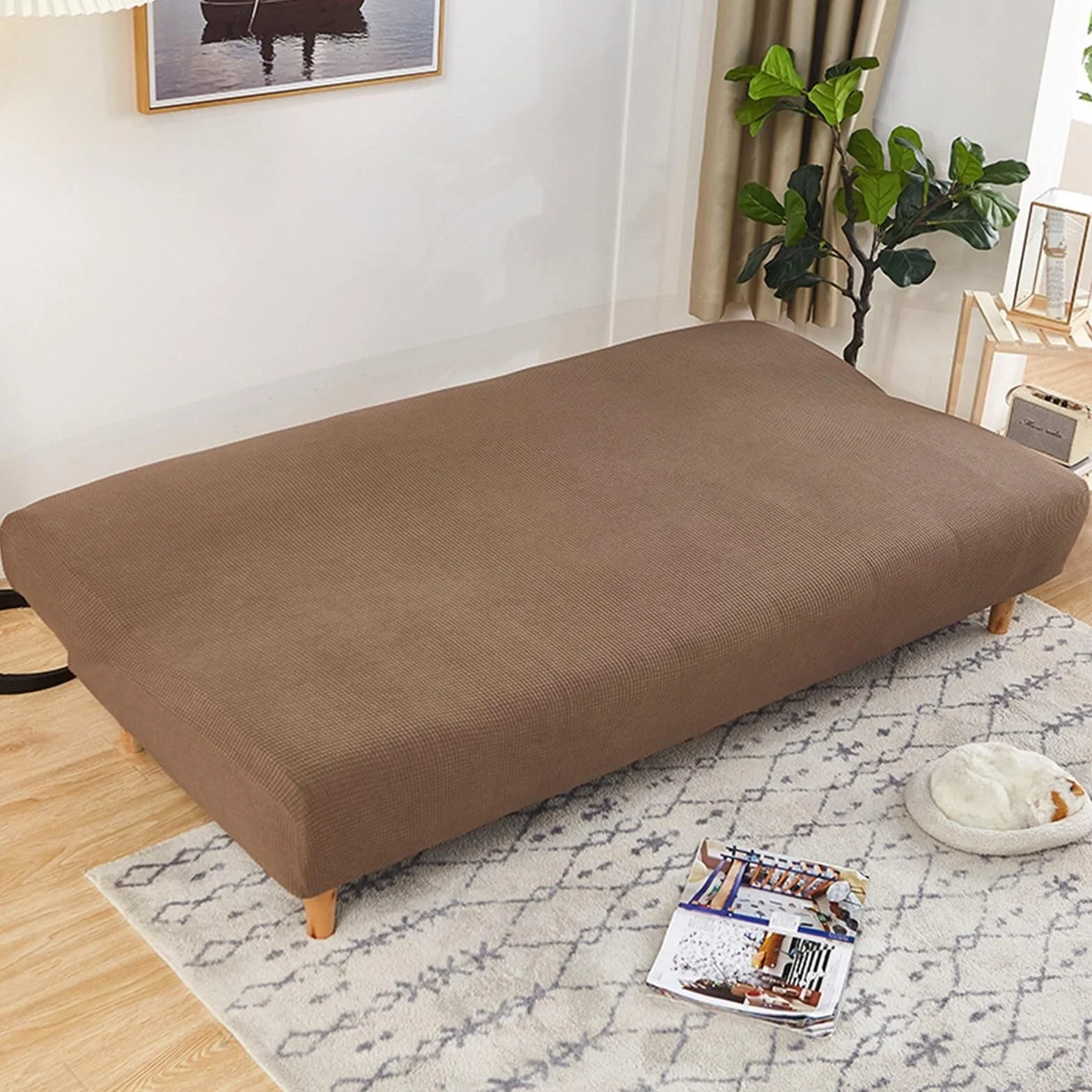 Housse de Canapé sans Accoudoirs 2-3 Places Jacquard Extensible Imperméable Résistant aux Taches Clic Clac Beige 160-190cm