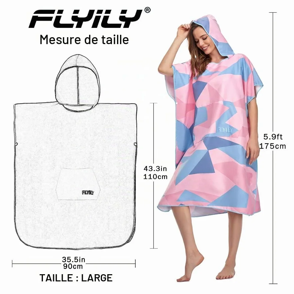 Serviette Poncho Ultra légère et, Surfing Changement Serviette Robe avec Capuche Microfibre(PinkGeometry,L)