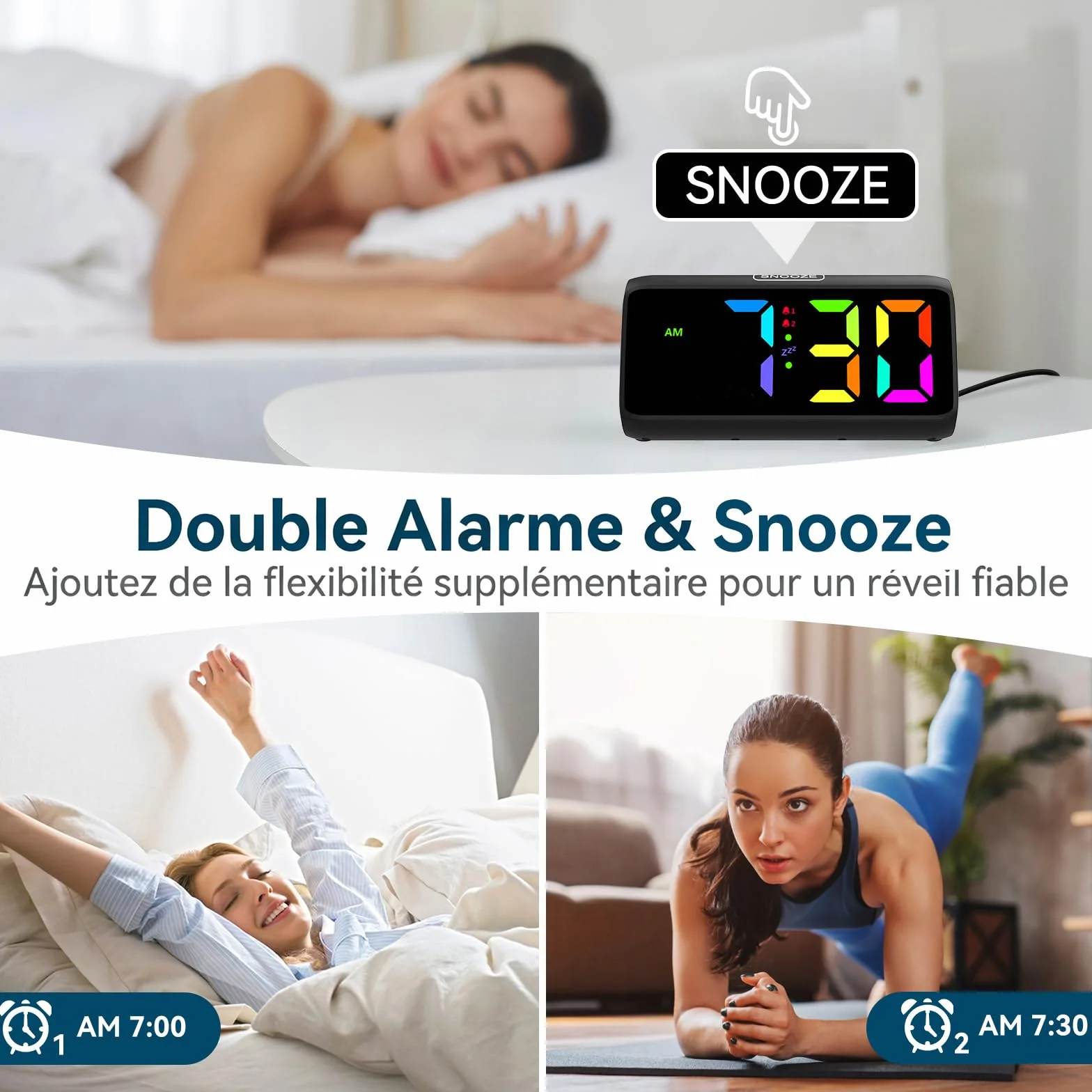 Netzu Réveil Forte pour Les Dormeurs Profonds, réveil RGB pour la Chambre, Réveil Numérique Enfichable avec 5 Niveaux de Luminosité, 4 Niveaux de Volume (Noir)