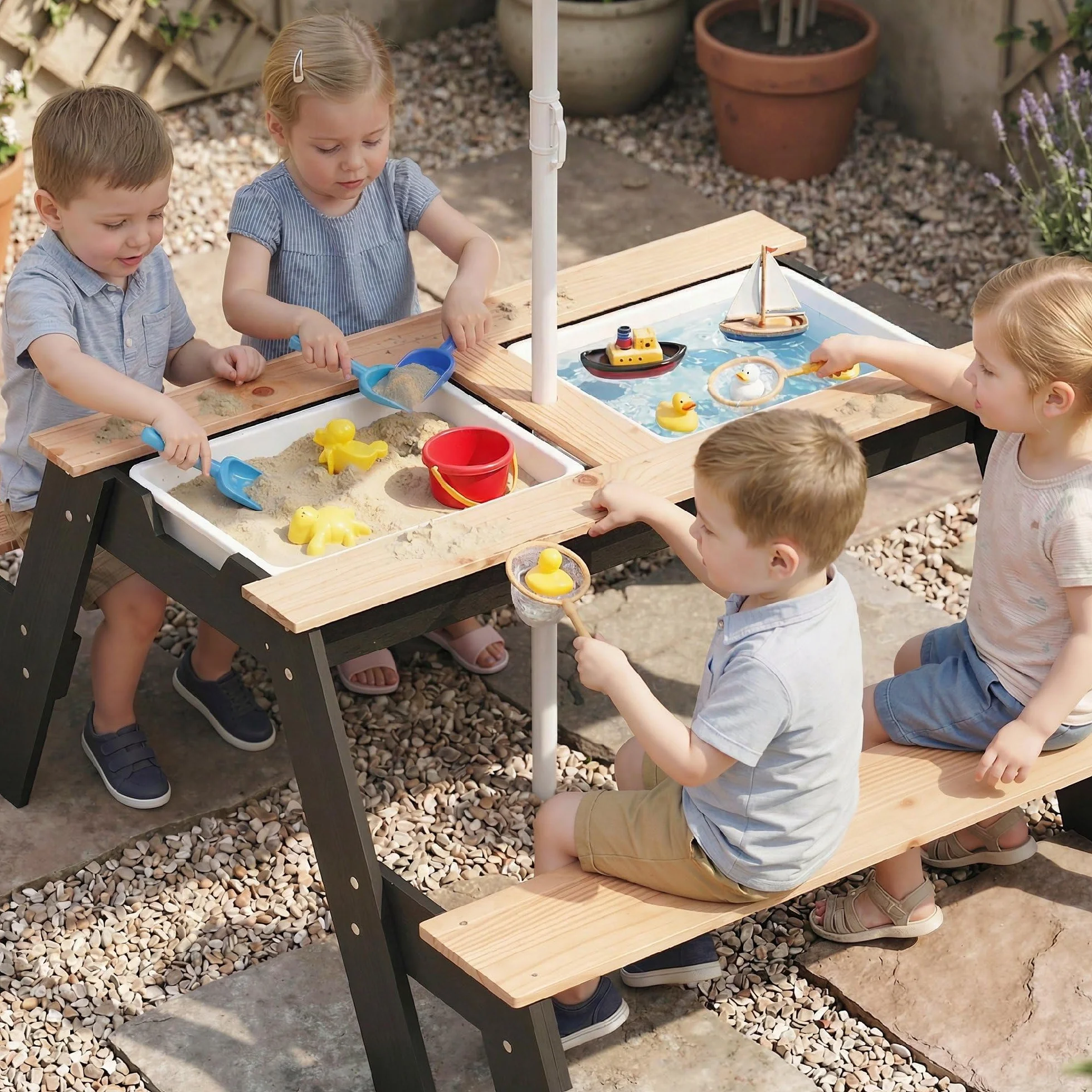 AIYAPLAY Table de Pique-Nique Enfants avec Parasol Amovible 3 en 1 Salon de Jardin en Bois pour Enfants 3-6 Ans Charge 50 kg
