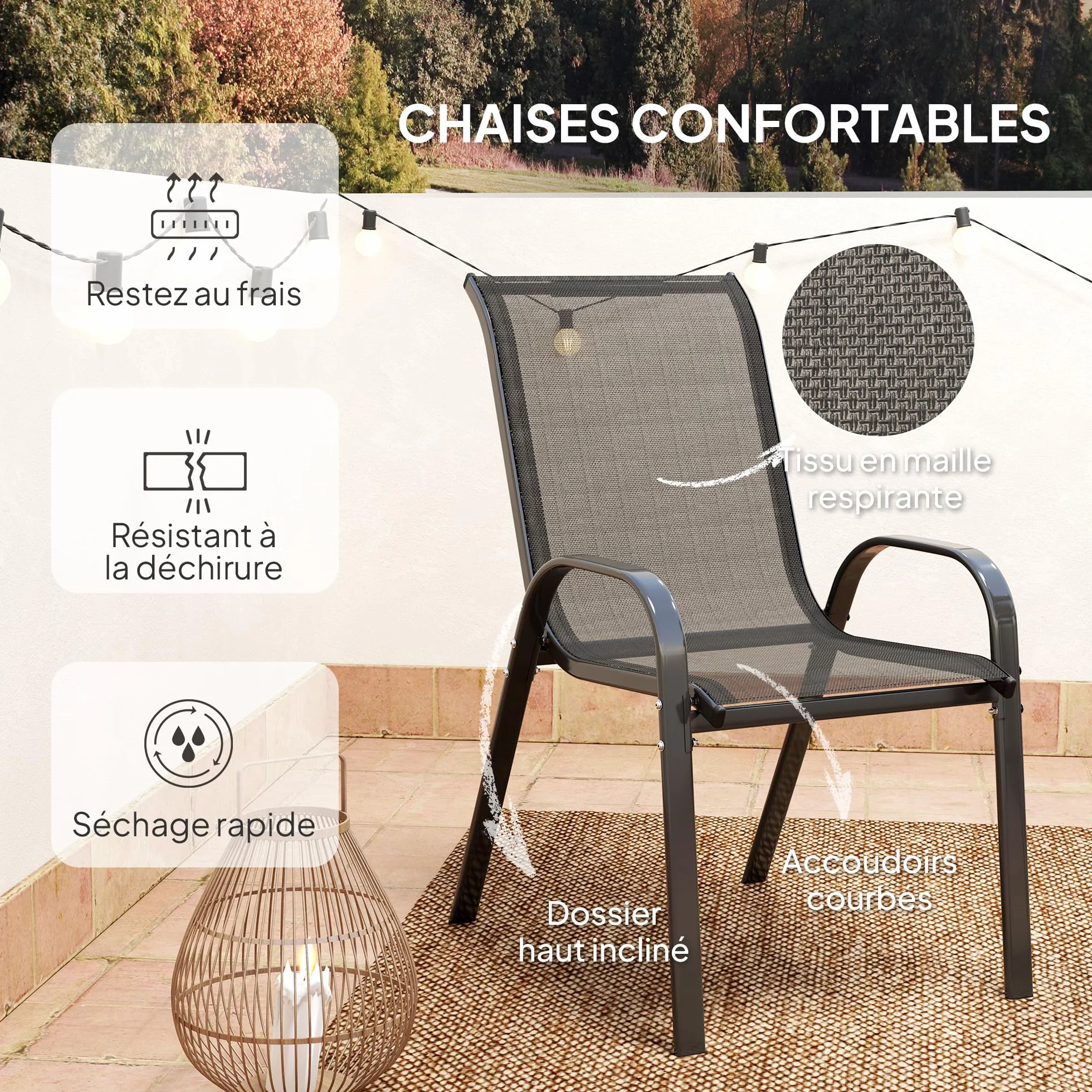 Outsunny 3 pièces Salon de Jardin extérieur Ensemble Meubles 2 fauteuils empilables Table Basse Verre trempé Tissu textilène Noir