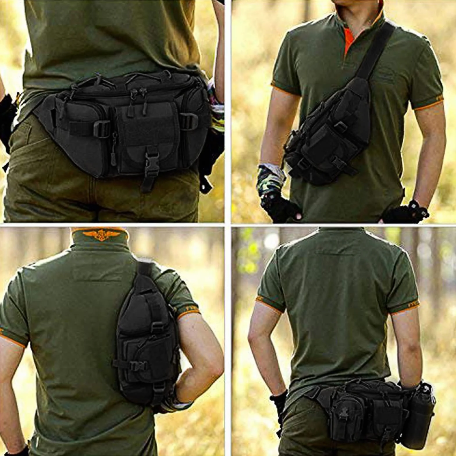 Huntvp Sac Banane Homme Femme Tactique Sacoche Banane Militaire avec Porte Bouteille Sac de Ceinture Bandoulière Multifonctionnel pour Randonnée, Voyage, Camping, Gym, Cyclisme