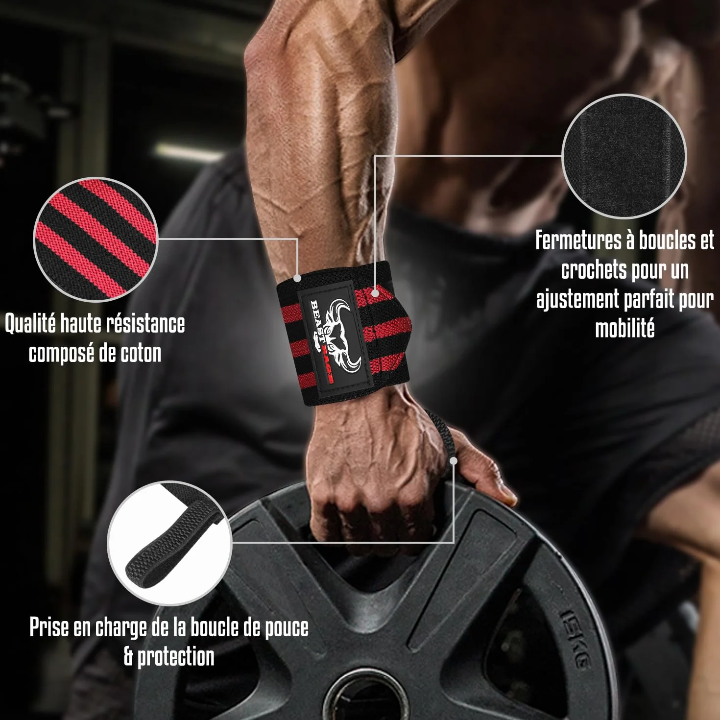 Beast Rage Gym Sangles d'haltérophilie pour fitness Sangle de support de poignet rembourrée en néoprène pour musculation, entraînement, sangle de traction, accessoires de fitness pour hommes et femmes