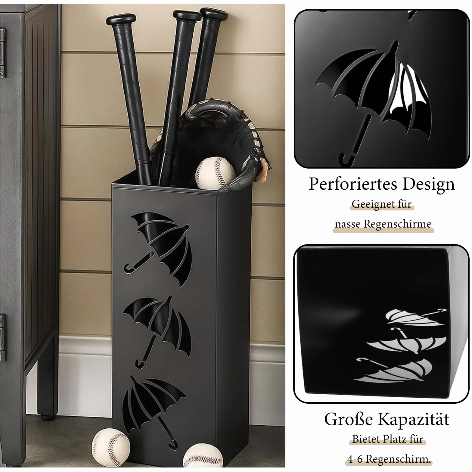 Porte Parapluie Métal Carré Indépendant 42 x 16 x 16 cm Design Moderne Noir