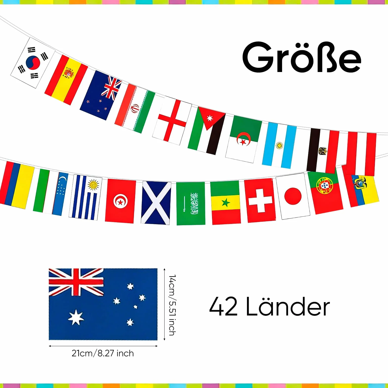Guirlande 42 Pays Drapeaux Monde 14x21cm Banderole Décoration Supporters Match Jardin Bar Fête Football WM de football 2026 Fussball WM 2026 Bannière Internationale Extérieur Intérieur