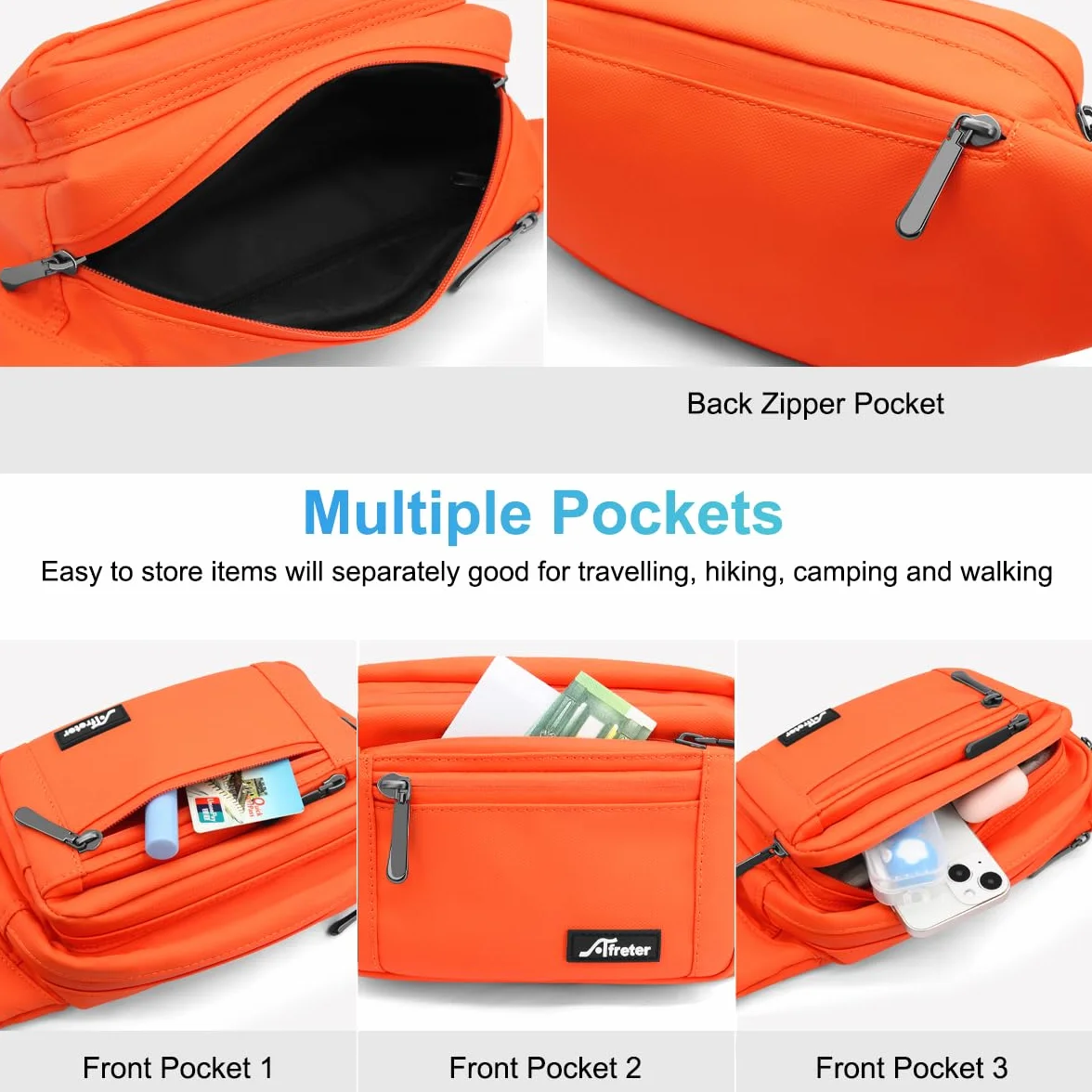 REETEE Sac Banane Homme Imperméable Sacoche Banane avec 5 Poches et Sangle Réglable, Grande Capacité Sac Banane pour Homme Femme Voyage Randonnée Pochette Ceinture (A-Orange)