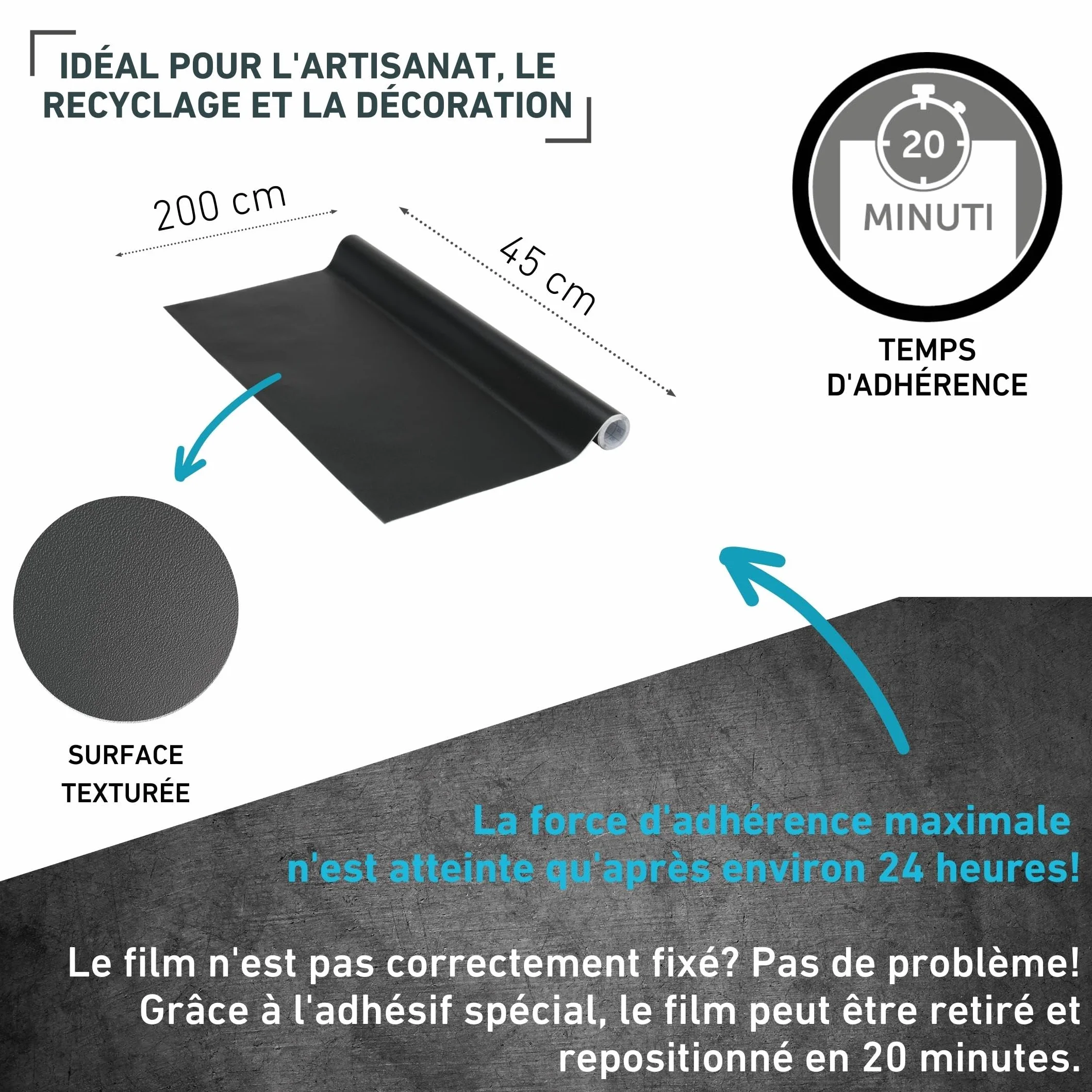 Venilia Film adhésif Meuble Noir 45x200 cm, Vinyle repositionnable pour Armoire, Table et Cuisine