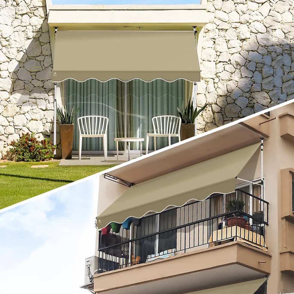 VOUNOT Auvent Manuel Rétractable Résistant aux UV Store Banne de Jardin en Acier Polyester avec Manivelle 200cm Beige