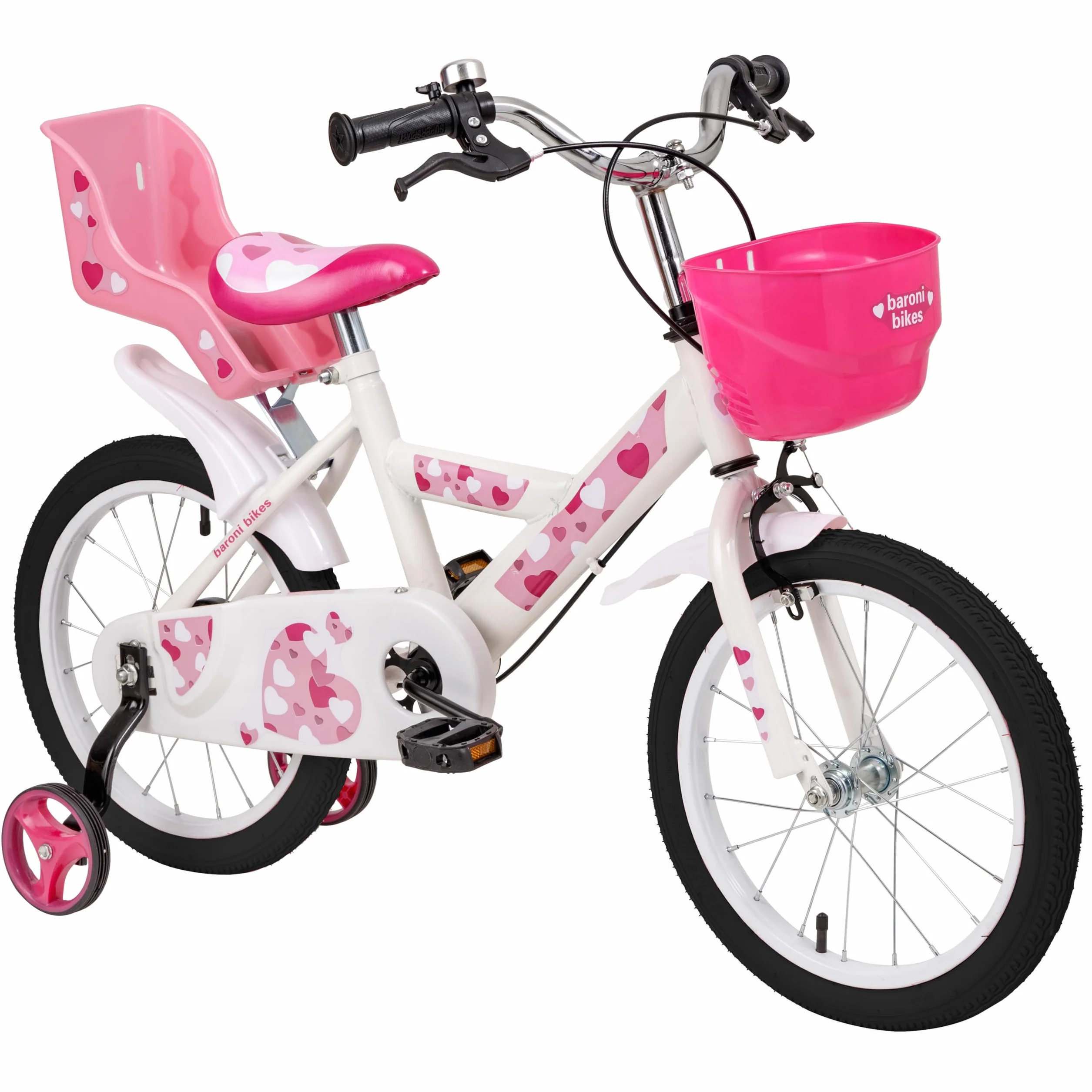 Baroni Toys Bicyclette pour Filles, Rose avec cœurs, vélo Design avec Porte-Bagages et Roues incluses, Bicyclette en Acier avec Panier pour Filles, Rose, cœurs, Taille 12", 14" et 16"