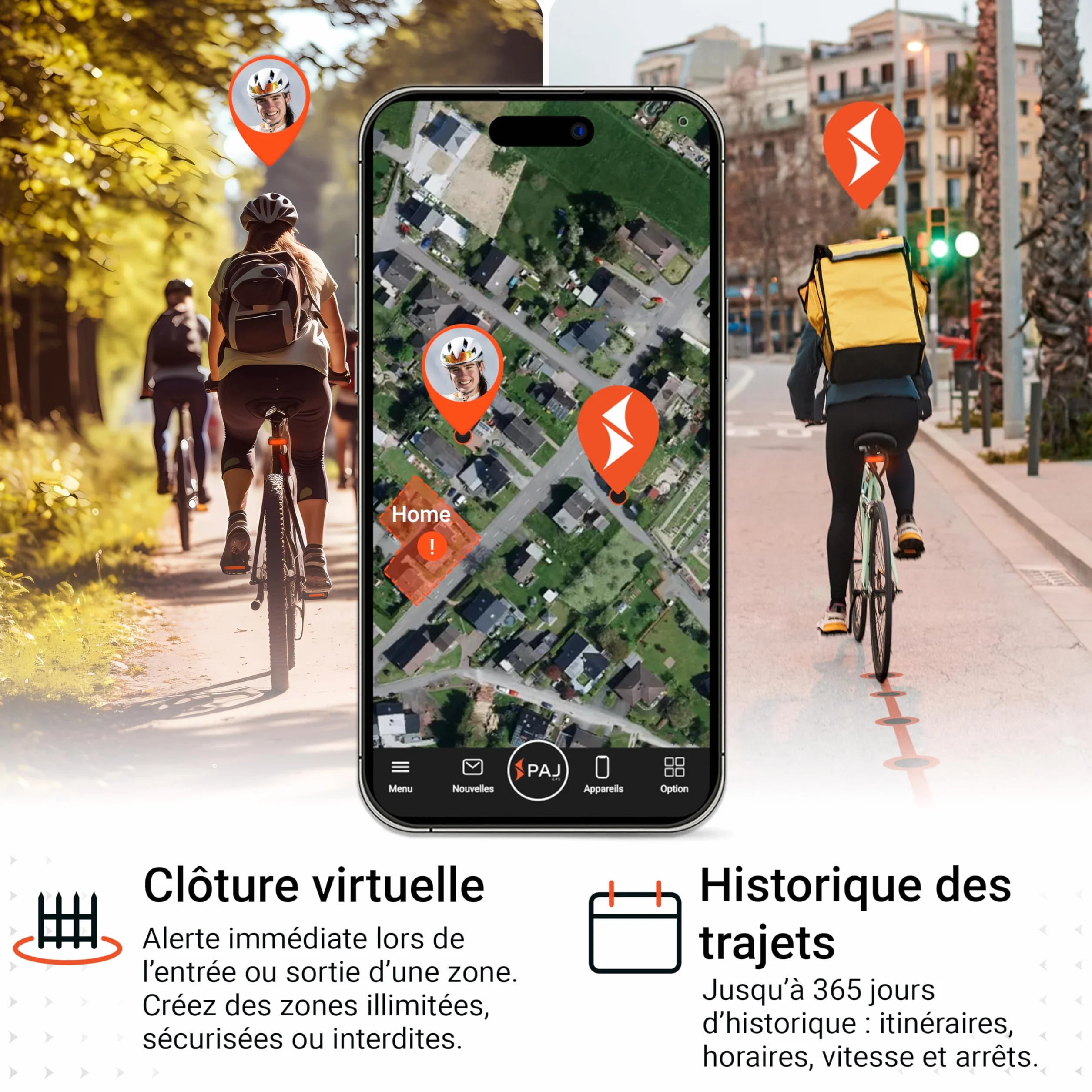 PAJ GPS Tracker pour vélo avec feu arrière - Abonnement Premium 3 Mois Inclus - Suivi 4G en Temps réel avec Alerte de Chute, géorepérage et mémoire des trajets - Jusqu’à 20 Jours d’autonomie