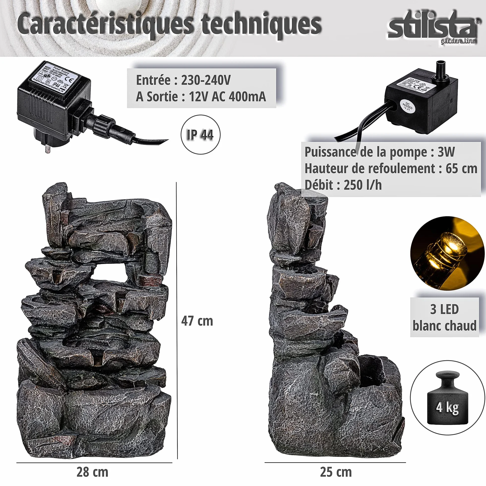 Fontaine de Jardin Cascade en Pierre 47 x 28 x 25 cm avec éclairage LED Pompe Incluse