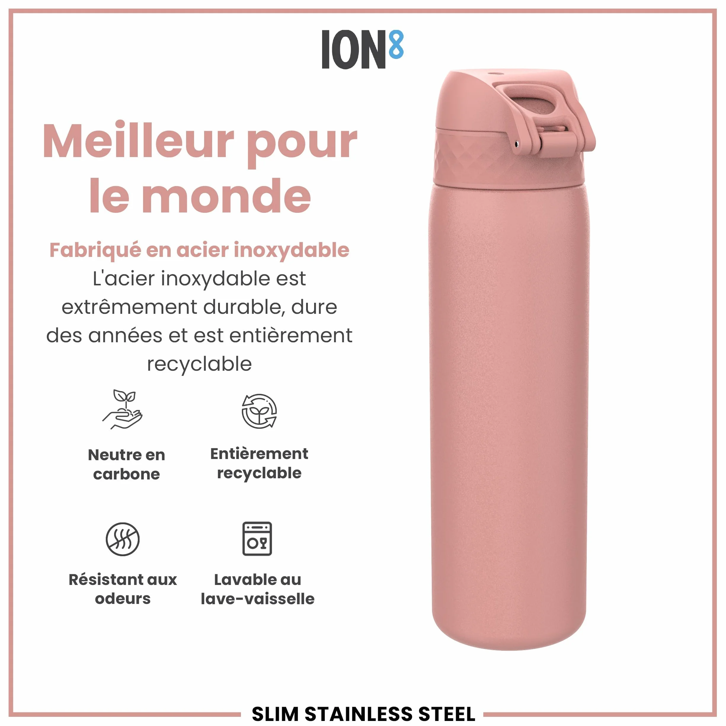 Ion8 Gourde Inox Léger, 600ml, Non Isolé, Anti-Fuite, Facile à Ouvrir, Verrouillage Sécurisé, Lavable au Lave-Vaisselle, Poignée de Transport, Durable, Acier Inoxydable, Rose Cendré