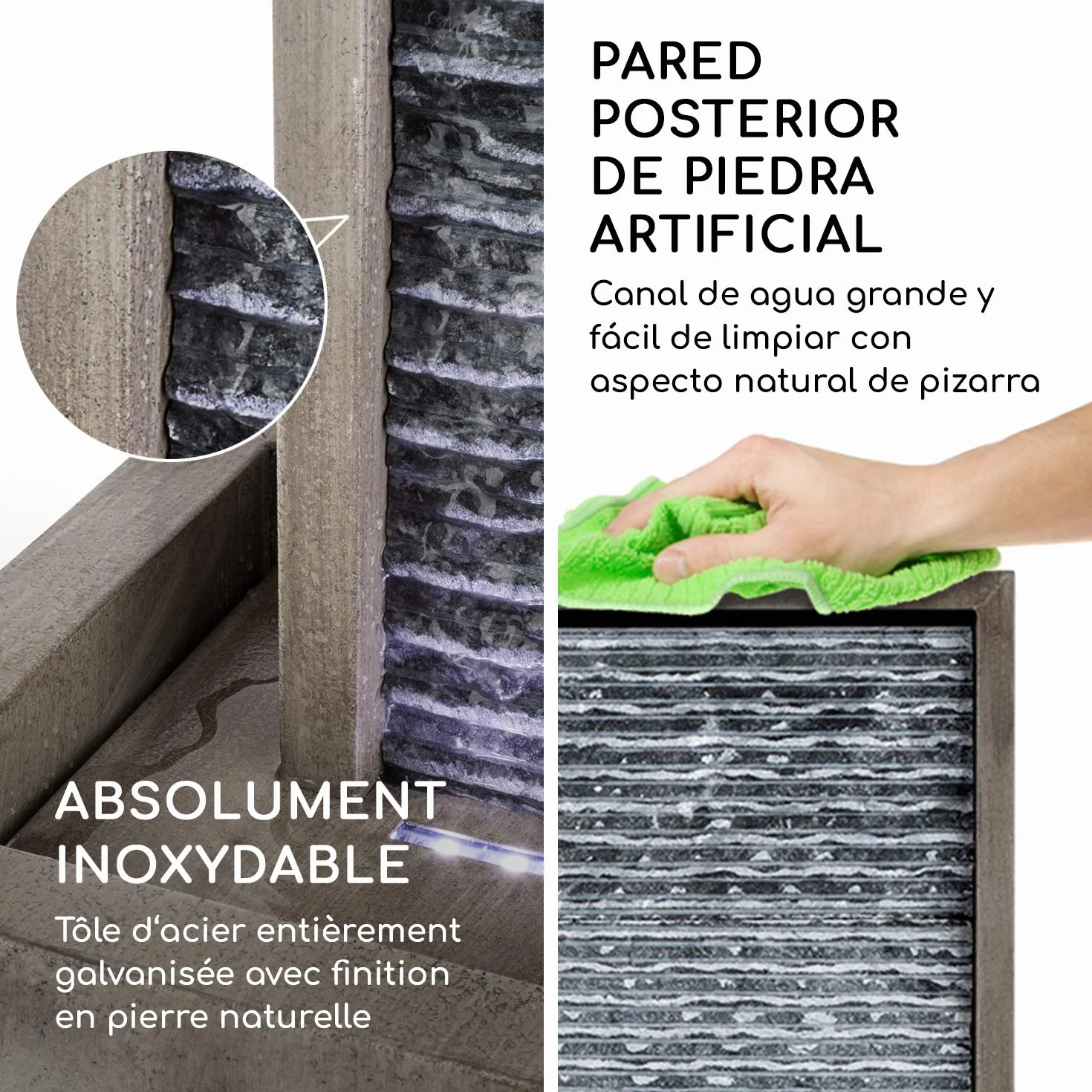 Blumfeldt Imperia Grey Edition Fontaine de Jardin Décorative avec Pompe 10W, IPX8, LED, Métal Galvanisé, Gris