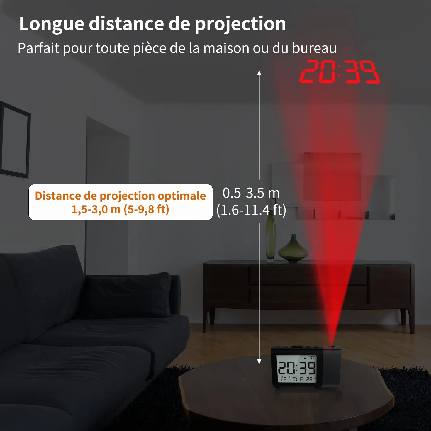 Horloge à Projection numérique LCD avec température, date, 12/24H, réveil de bureau réglable (Rouge)