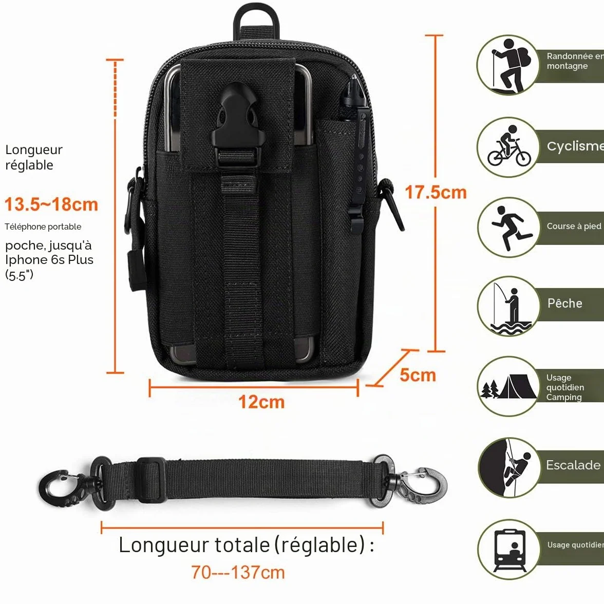 Unigear Sac Tactique Ceinture, Sacoche Ceinture Molle EDC 1000D/ Sac Multifonctionnel avec Un Mousqueton pour Cyclisme, Randonnée, Alpinisme Course Sports Extérieurs