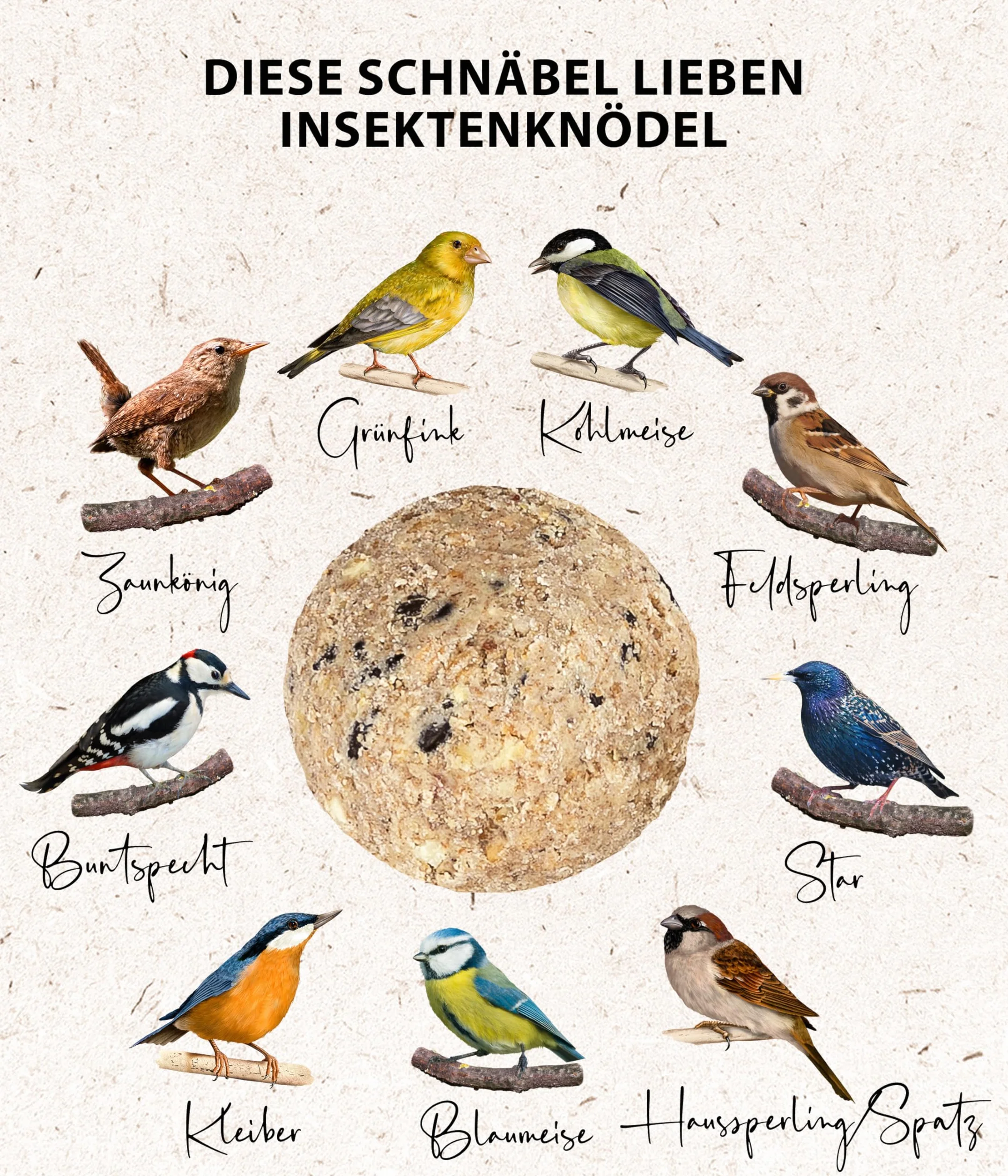 Dehner Natura Premium Nourriture pour Oiseaux Sauvages, Boules de Graisse aux Insectes avec Filet, 30 x 90 g (2,7 kg)