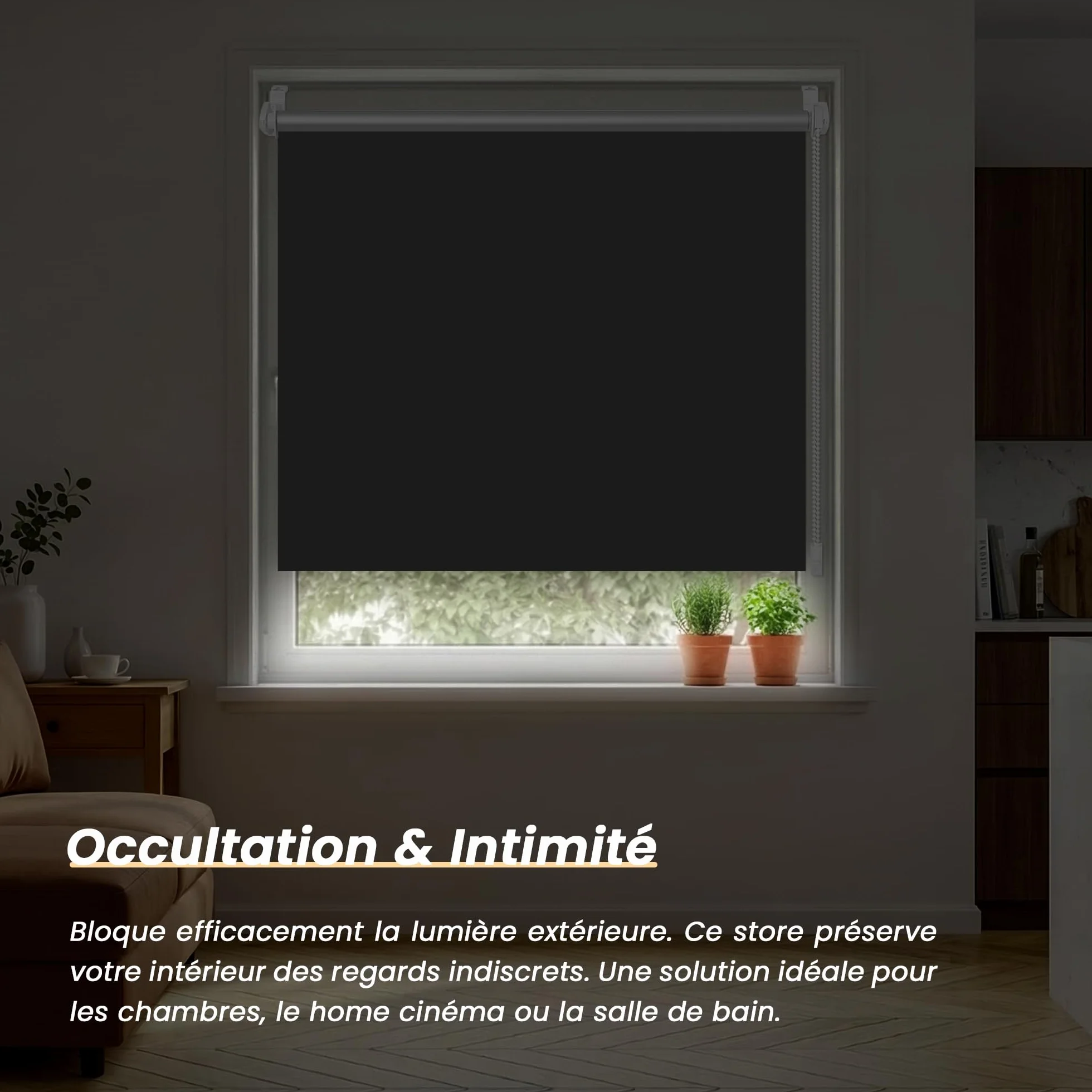 Store Enrouleur Occultant sans Perçage 45x130 cm - Thermique Anti-UV Noir