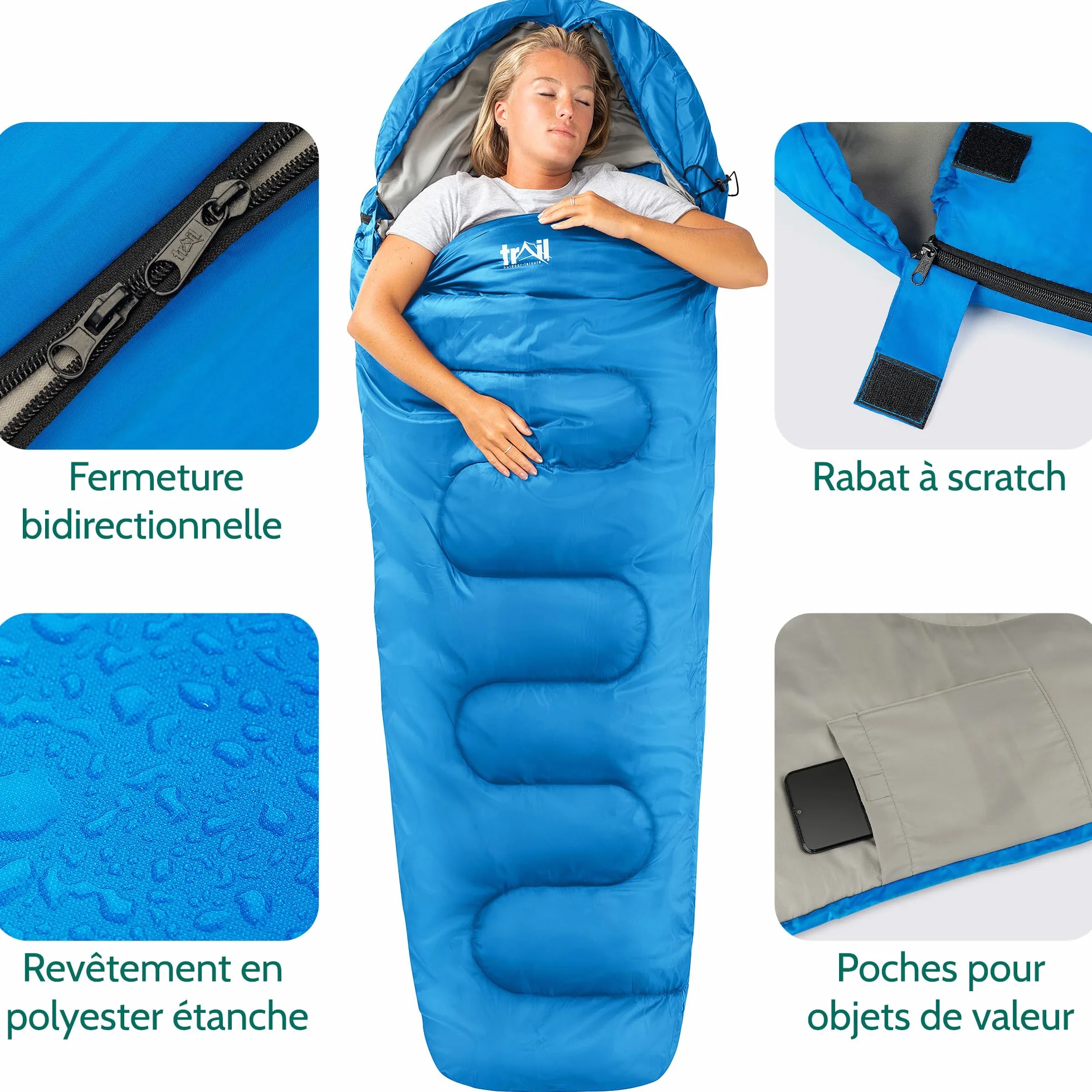Trail Sac de Couchage Adulte Momie, Duvet 1 Personne pour 3 Saisons, Sac de Couchage Compact de 300 GSM pour Camping avec Poches et Sac de Compression