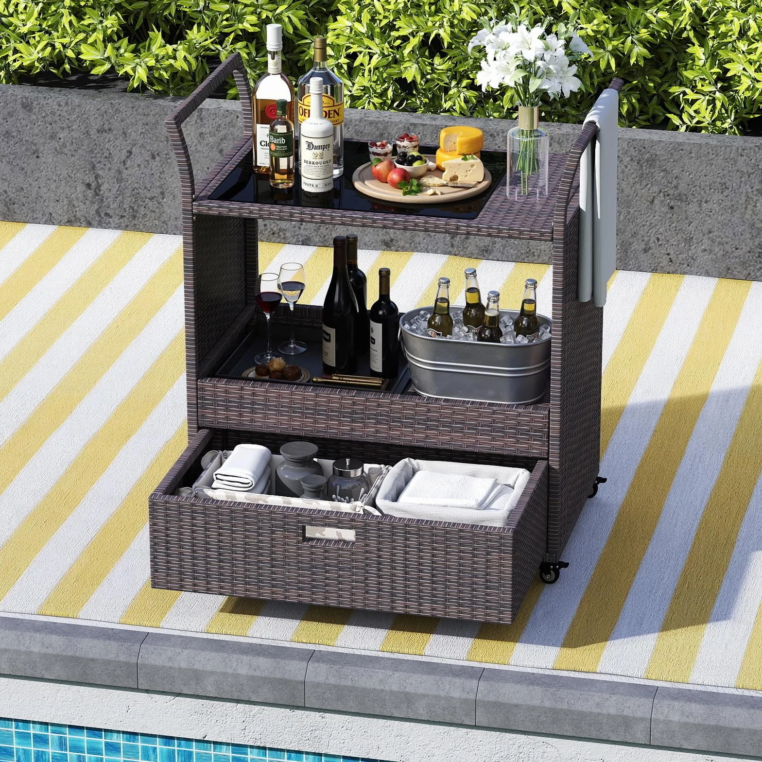 COSTWAY Chariot de Bar Extérieur en Osier avec Plateau en Verre Trempé, Table Roulante pour Jardin