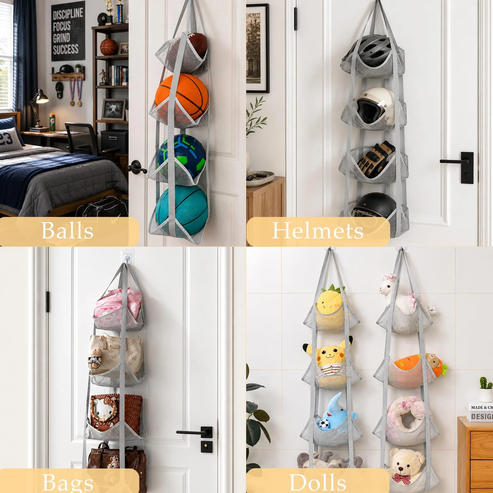 ONEJI Organisateur de Ballons en Filet à 4 Niveaux, Support de Ballons Vertical à Fixation sur Porte pour Basket, Football, Volleyball, Jouets, Rangement Gain de Place pour Garage, Maison et sous-Sol