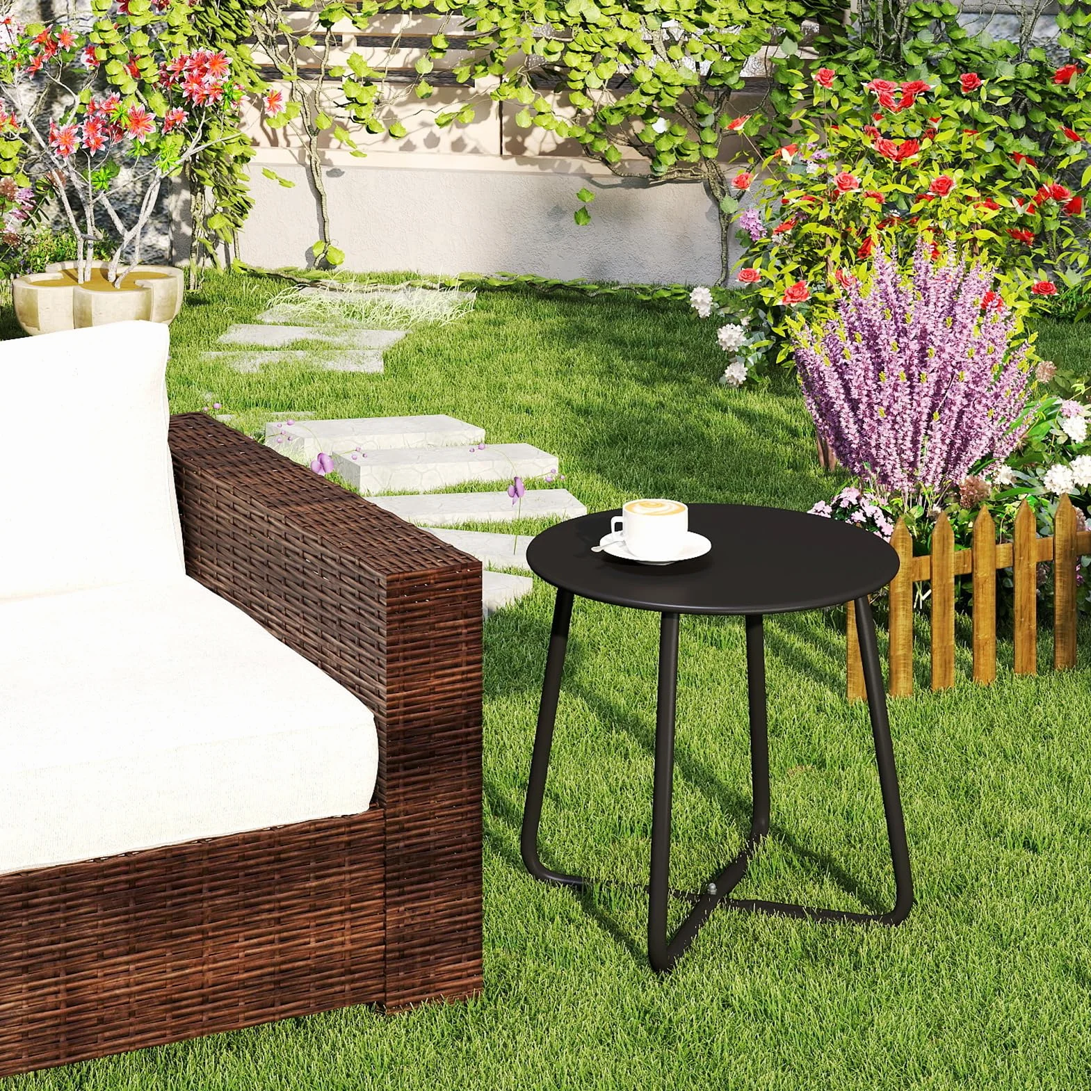 HollyHOME Petite Table Exterieur Ronde Table Basse Patio Métal Noir