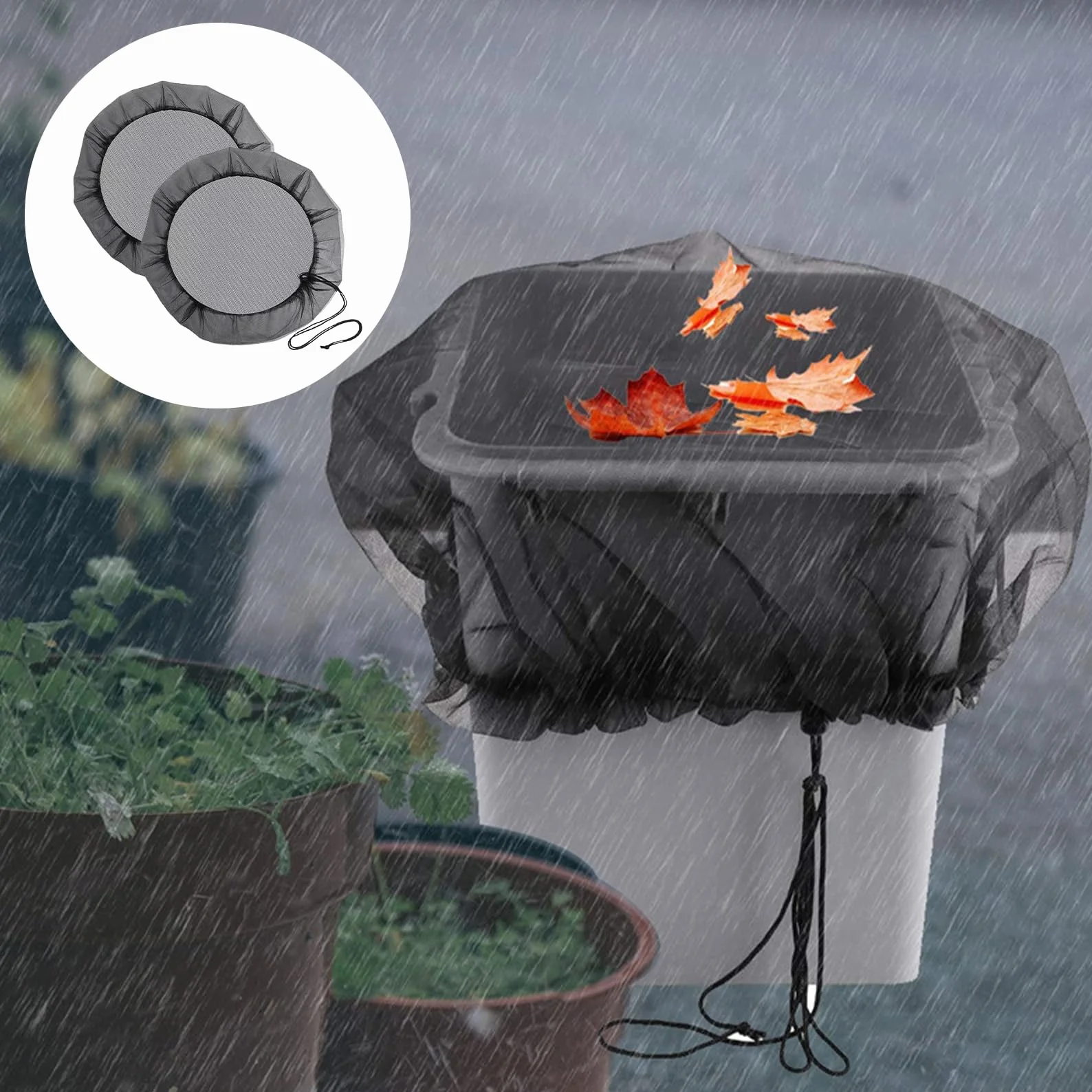 Lot de 2 filets de citerne de pluie de 95 cm avec cordon de serrage, filet de protection réglable pour citerne de pluie, moustiques, anti-feuilles et larves de moustiques