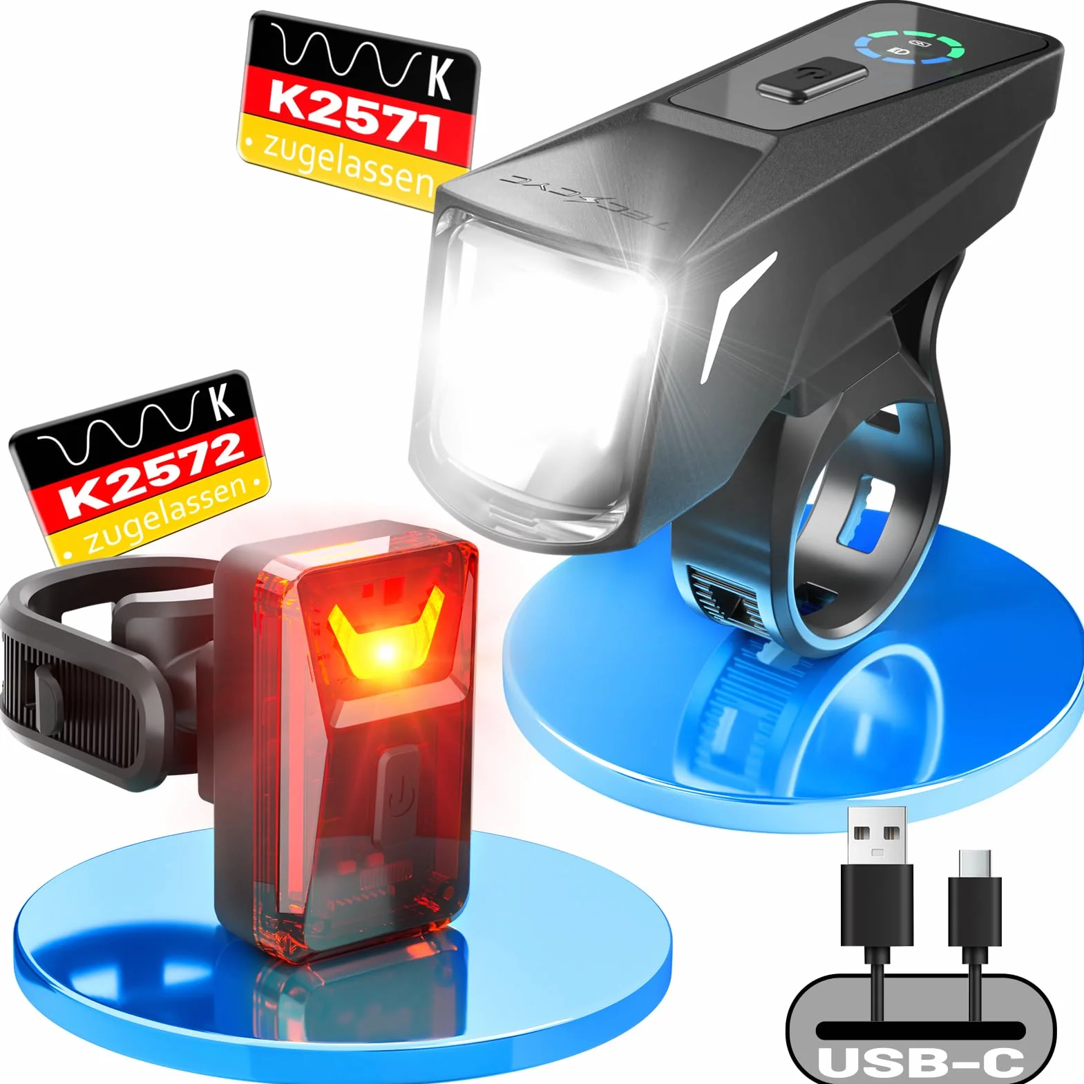 TECHCYC Lumière Vélo avec Capteur de Lumière, Éclairage Vélo Faisceau d'Inondation, 5+2 Modes de Luminosité Lampe Vélo LED Avant et Arrière, Rechargeable par USB, Étanche IPX6, Approuvé StVZO