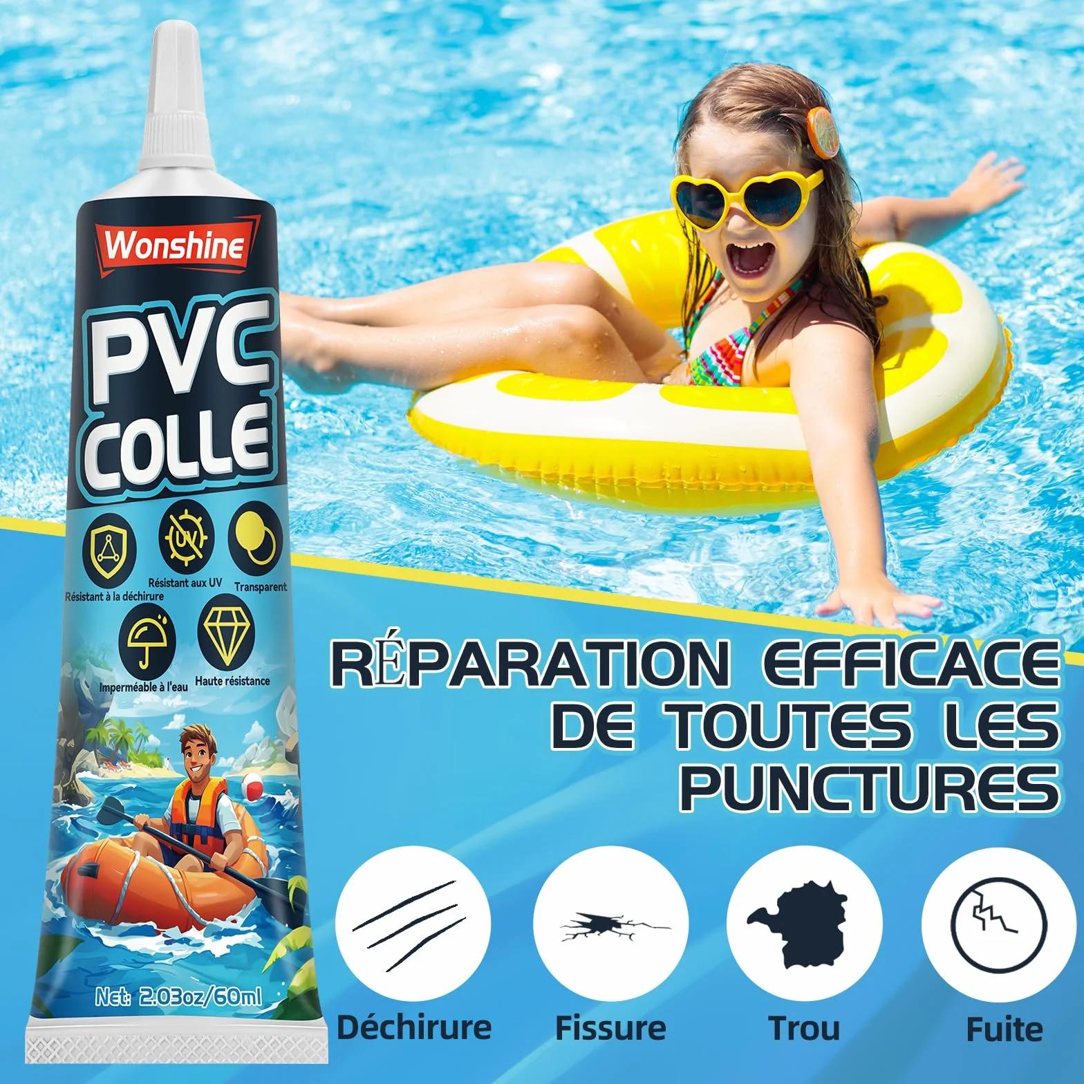 Kit de Réparation Piscine, Rustine Transparente, Colle PVC 60 ML