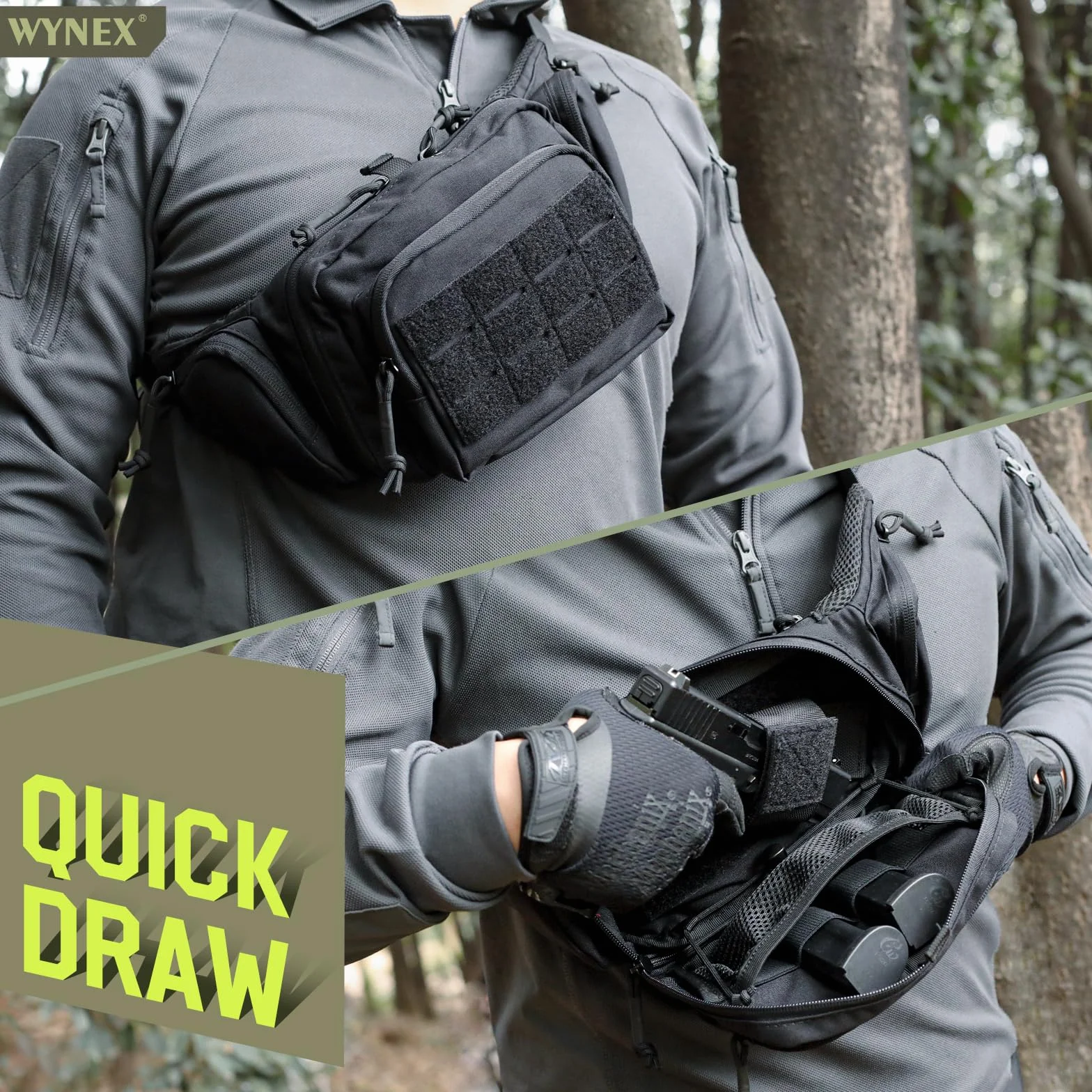 WYNEX Sac Banane Tactique Homme Sacoche Arme de Poing Discret avec Sangle Réglable, Sert Également Sacoche à Bandoulière Antivol sur La Poitrine pour Usage Quotidien Cyclisme Randonnée Sport - Noir