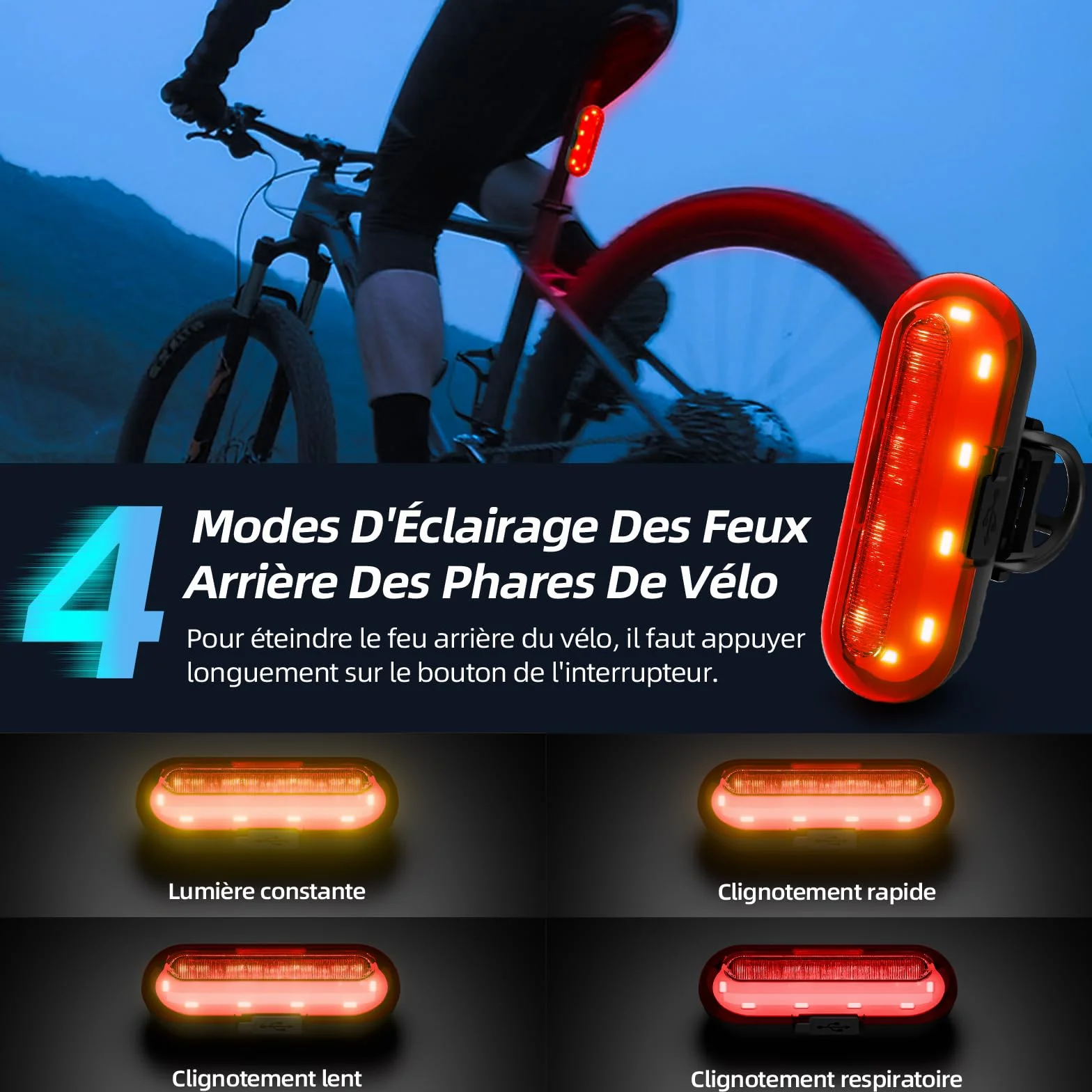 Lumiere Velo Avant et Arriere, Lampe Velo Rechargeable Type C, 3 Modes Phare Velo, 5 Modes Feu Arriere Velo, Lumière Velo Convient Tous Vélos & Conditions de Cyclisme