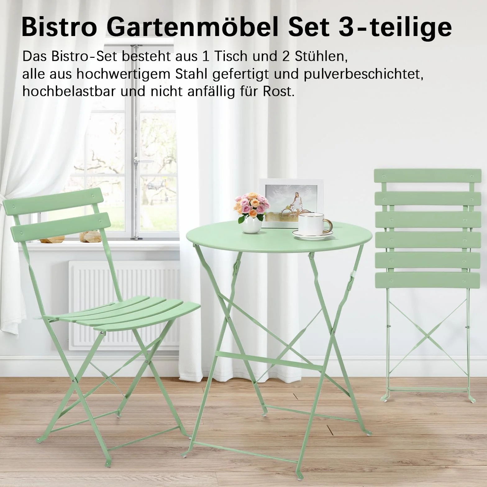 LIFERUN Salon de Jardin Bistrot Pliable, Set de Bistrot en Métal, Table et 2 Chaises Pliantes, 3 Pièces, Vert