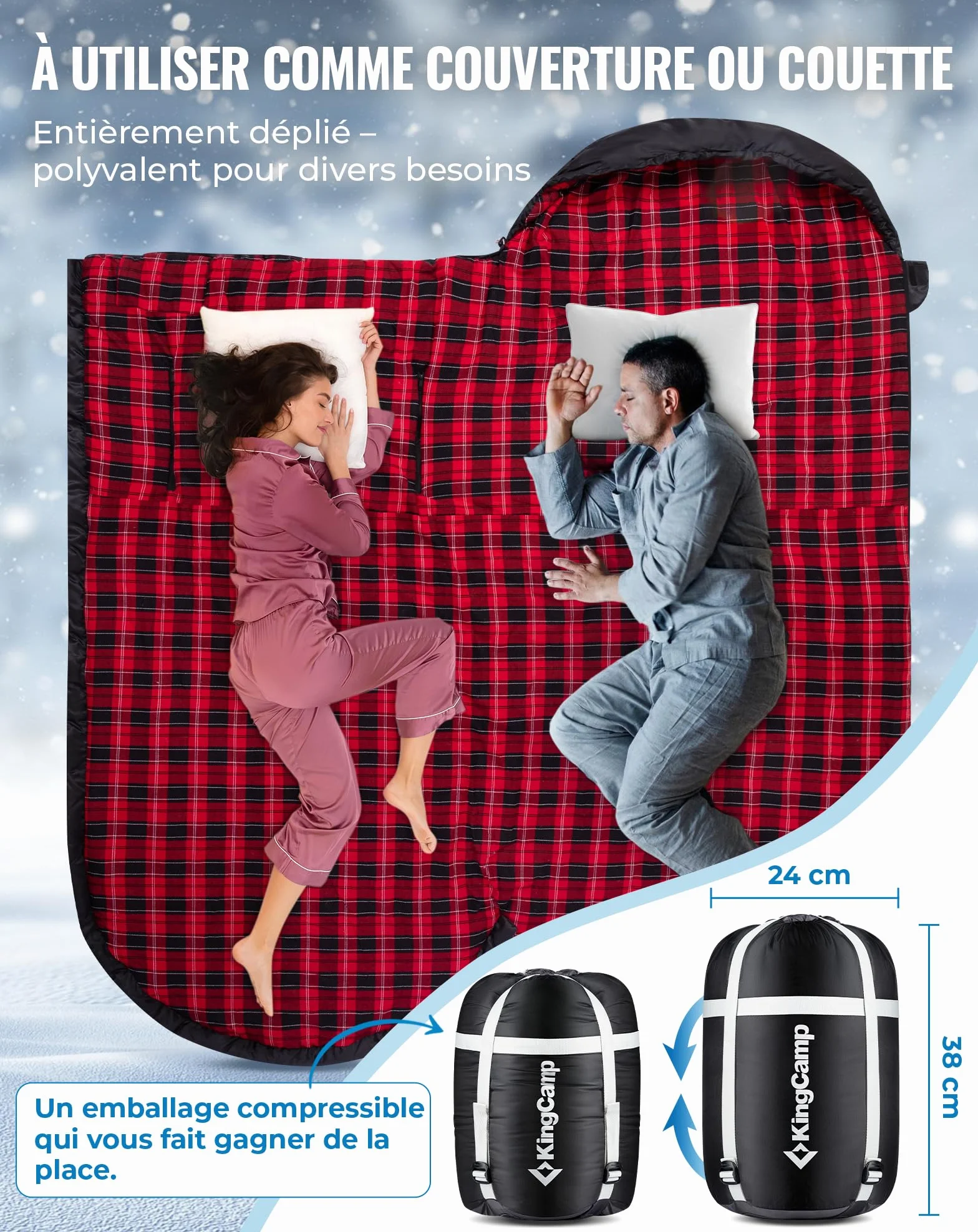 KingCamp Sac de Couchage pour Adultes Enfant Flanelle de Coton 3-4 Saisons Ultralight Extra Large Sac de Couchage Camping Chaud Compact Portable Grand Froid pour Camping Randonnée Extérieur Intérieur