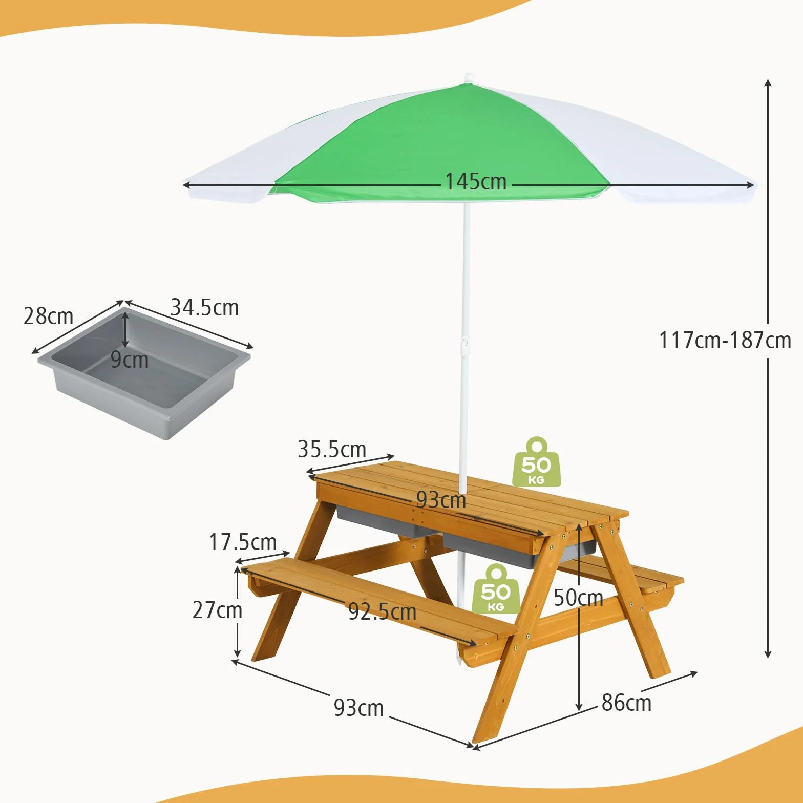 GOPLUS Table Enfant Banc Parasol 3 en 1 Convertible Plateau Amovible Boîtes Rangement Bois Extérieur Jardin Vert Blanc