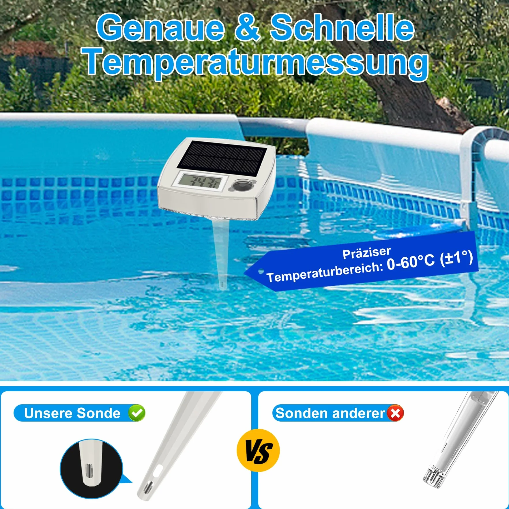 Thermomètre de piscine solaire numérique 2 en 1 avec éclairage LED RVB, grand écran LCD, étanche IP68