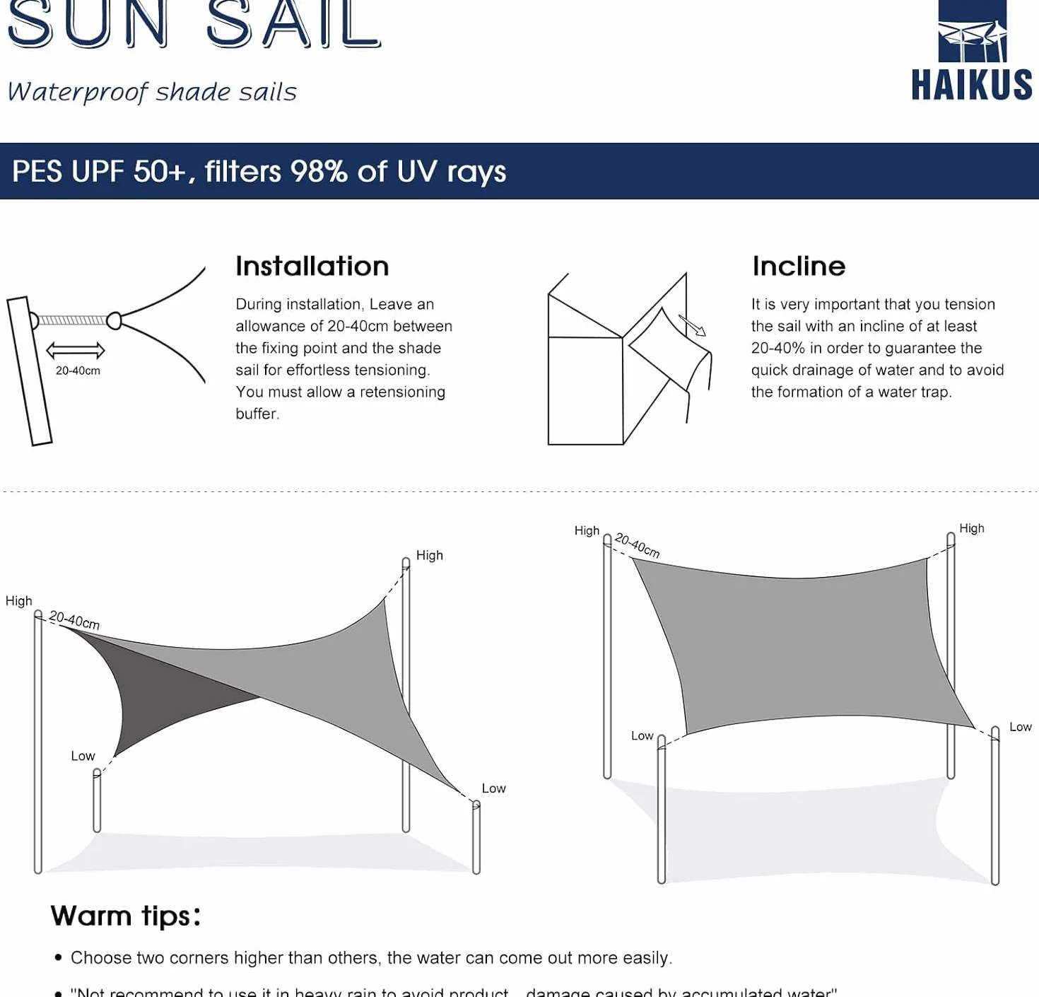 HAIKUS Voile d'ombrage imperméable rectangulaire 2x3m, Toile PES résistant à l'eau, Protection UV 98%, Crème