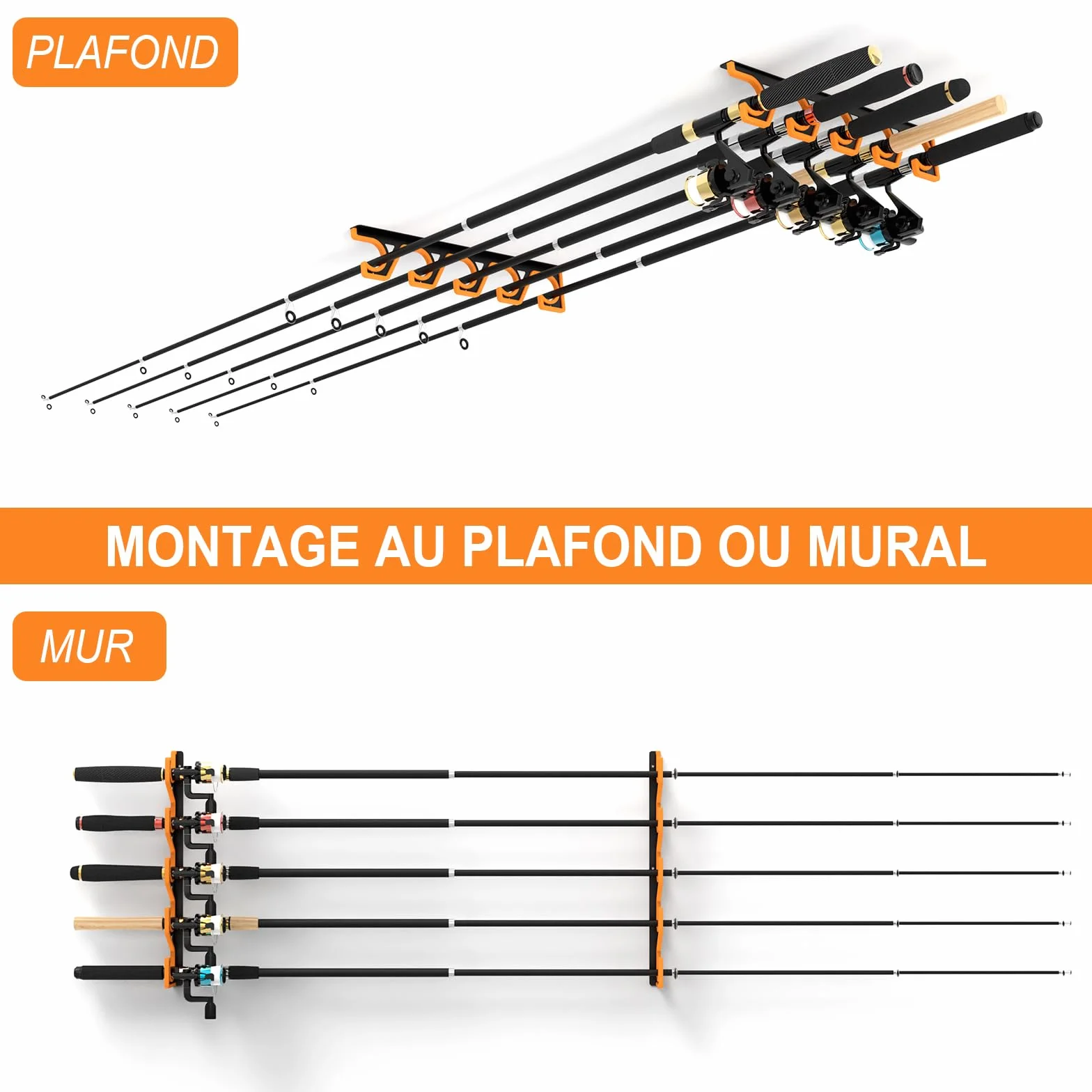 Support Canne a Peche Mural 2 Pièces, Rangement Horizontal pour 10 Cannes avec Protection PU Souple, Noir/Jaune