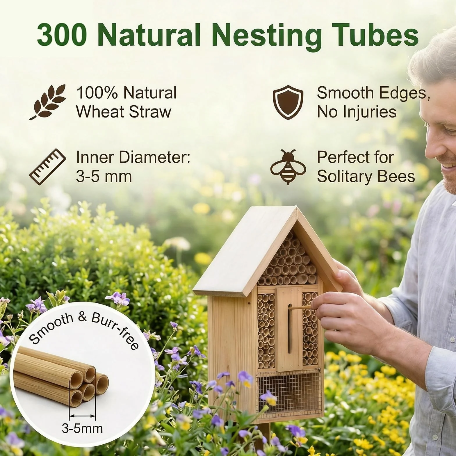 Kit Maison d’Abeille 14,5 cm 300 Pièces, Pailles de Blé Naturelles 3-5 mm pour Hôtel à Insectes