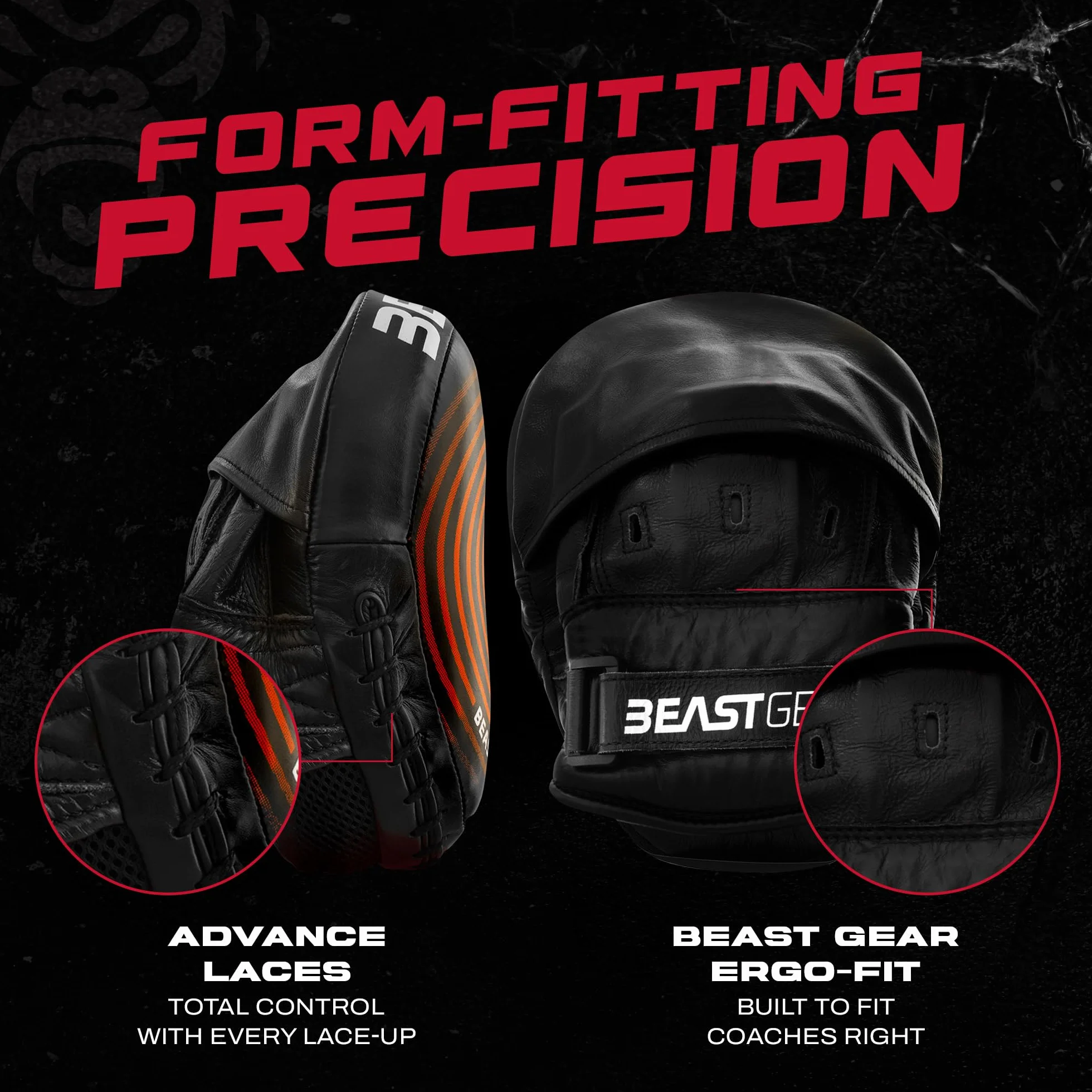 Beast Gear Mitts – Cuir Véritable Cible Focus – Design Incurvé avec Support de Poignet et Sangle Régler pour Crochet & Jab, MMA, Kickboxing & Muay Thai