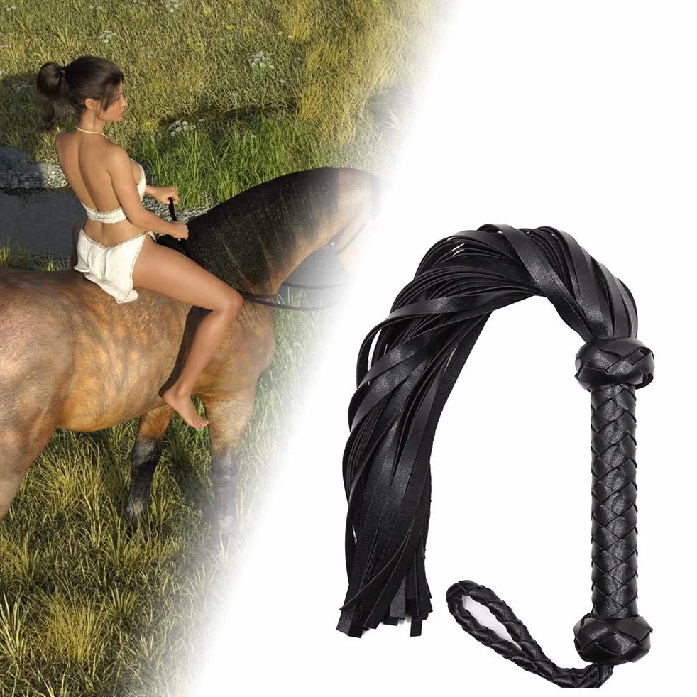 Fouet d'équitation Noir, Fouet de Jeu en Simili Cuir, d'entraînement pour Chevaux avec Poignée Confortable, Idéal pour l'entraînement équestre, 23,4x6,5 Pouces