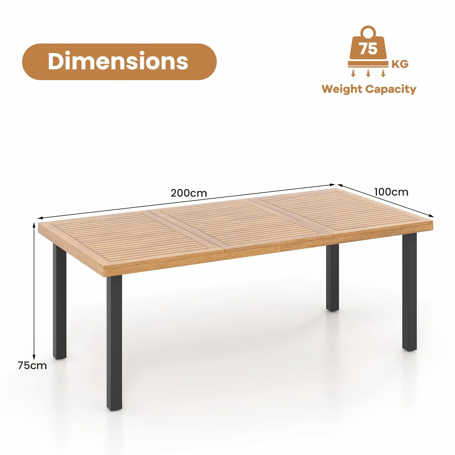 KOMFOTTEU Table de Jardin avec Trou pour Parasol 200x100x75 cm Bois d'Acacia Métal 8 Personnes