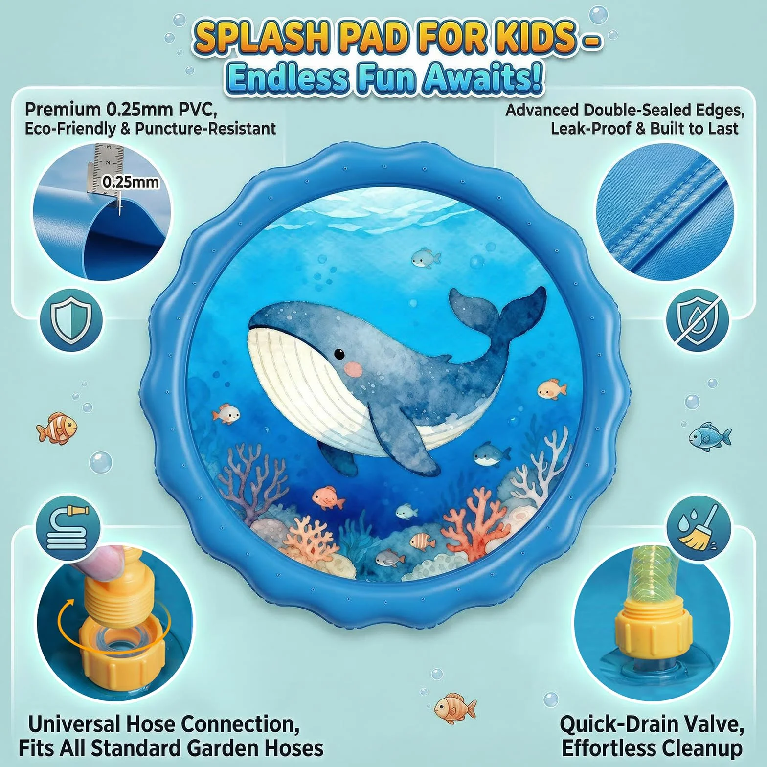 Tapis Jet d'Eau 170cm avec 3 Hauteurs Réglables - Splash Pad Baleine et Vie Marine PVC 0.25mm pour Enfants et Chiens
