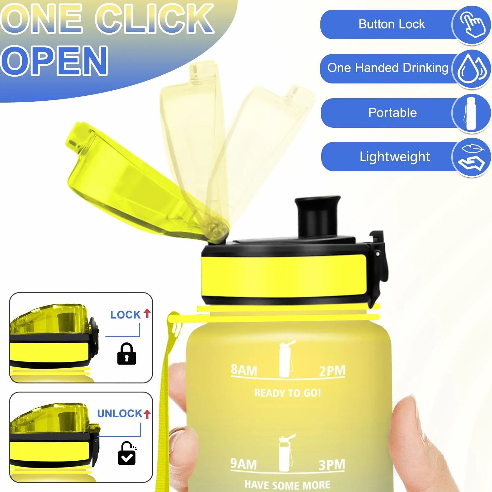Gourde 1l, Gourde Sport, Facile à Nettoyer, Bouteille avec Verrou de Sécurité, Bouteille d'eau Avec Spazzolare, Bouteille Plastique avec Marqueur de Temps, pour Running, École, Sport, Bureau