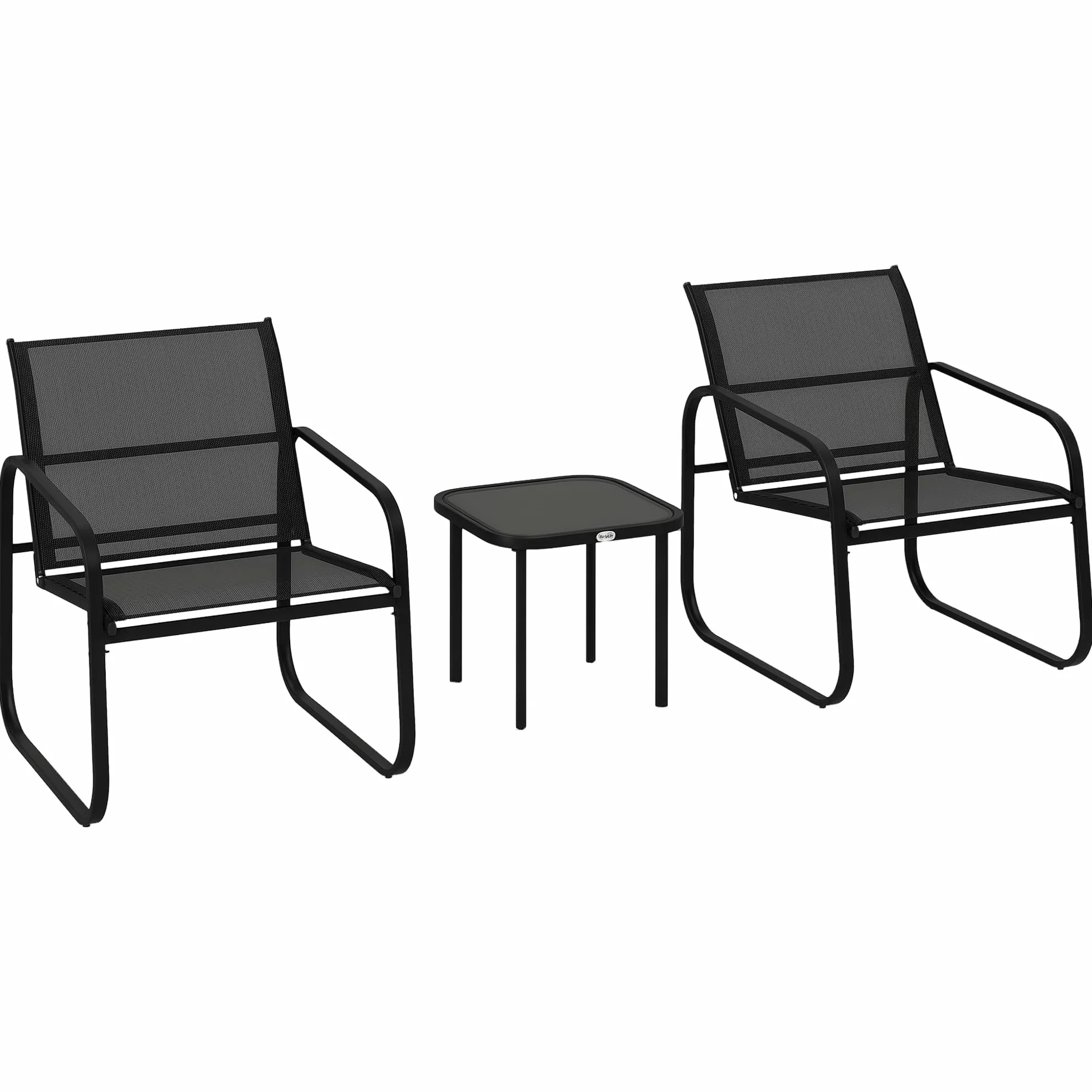 Outsunny Ensemble Bistrot Jardin 3 Pièces, Salon Extérieur 2 Personnes, Chaises Maille Table Basse Verre Trempé Noir