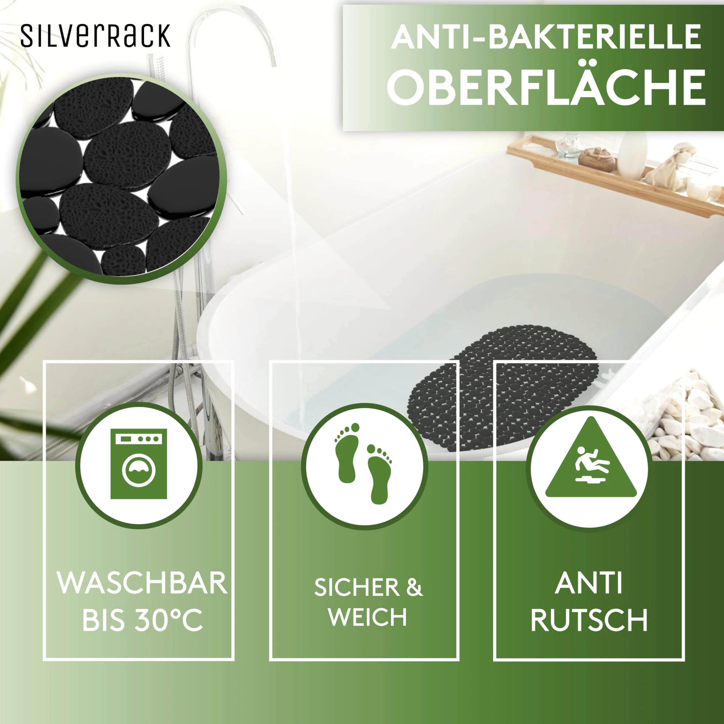 SilverRack DermaSensitivo Tapis de bain antidérapant 69 x 36 cm sans BPA Noir aspect galets