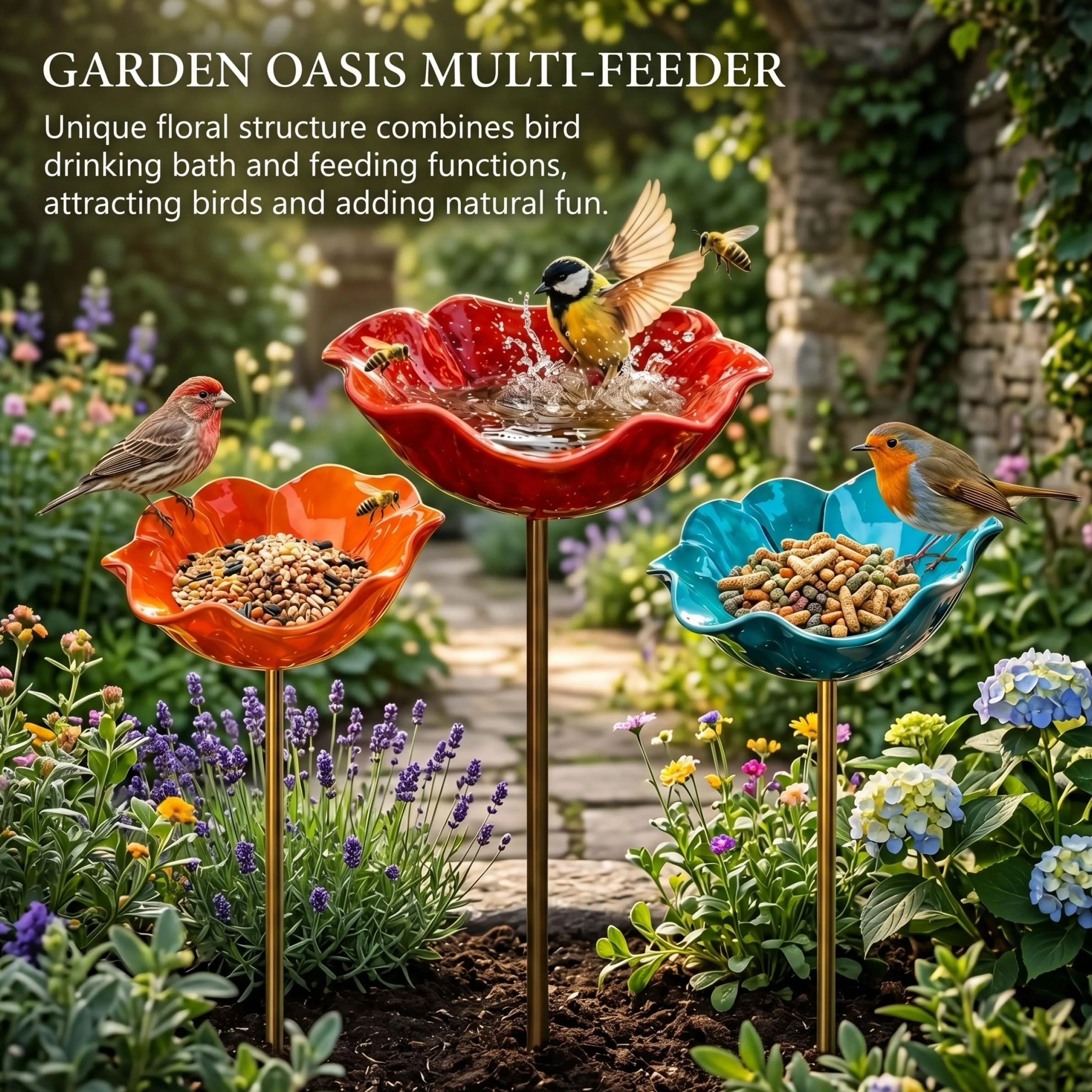 Lot de 3 piquets de Jardin en métal pour Fleurs, Bain d'oiseaux, Multifonctions Extérieur, Bleu, Orange, Rouge