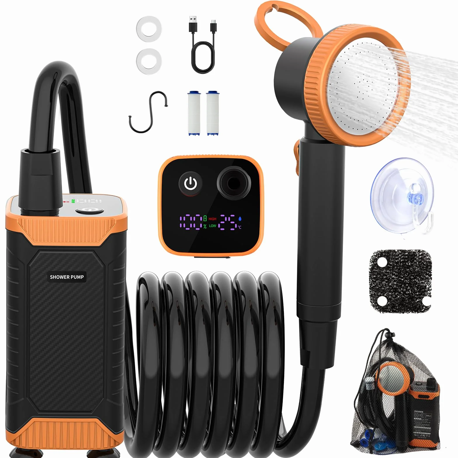 Uplayteck Douche Camping, 8000mAh Kit Douche de Camping Portable avec Écran LED Intelligent et Indice d'étanchéité IPX8, USB Rechargeable Pomme de Douche pour Extérieure, Voyage, Animaux, Randonnée