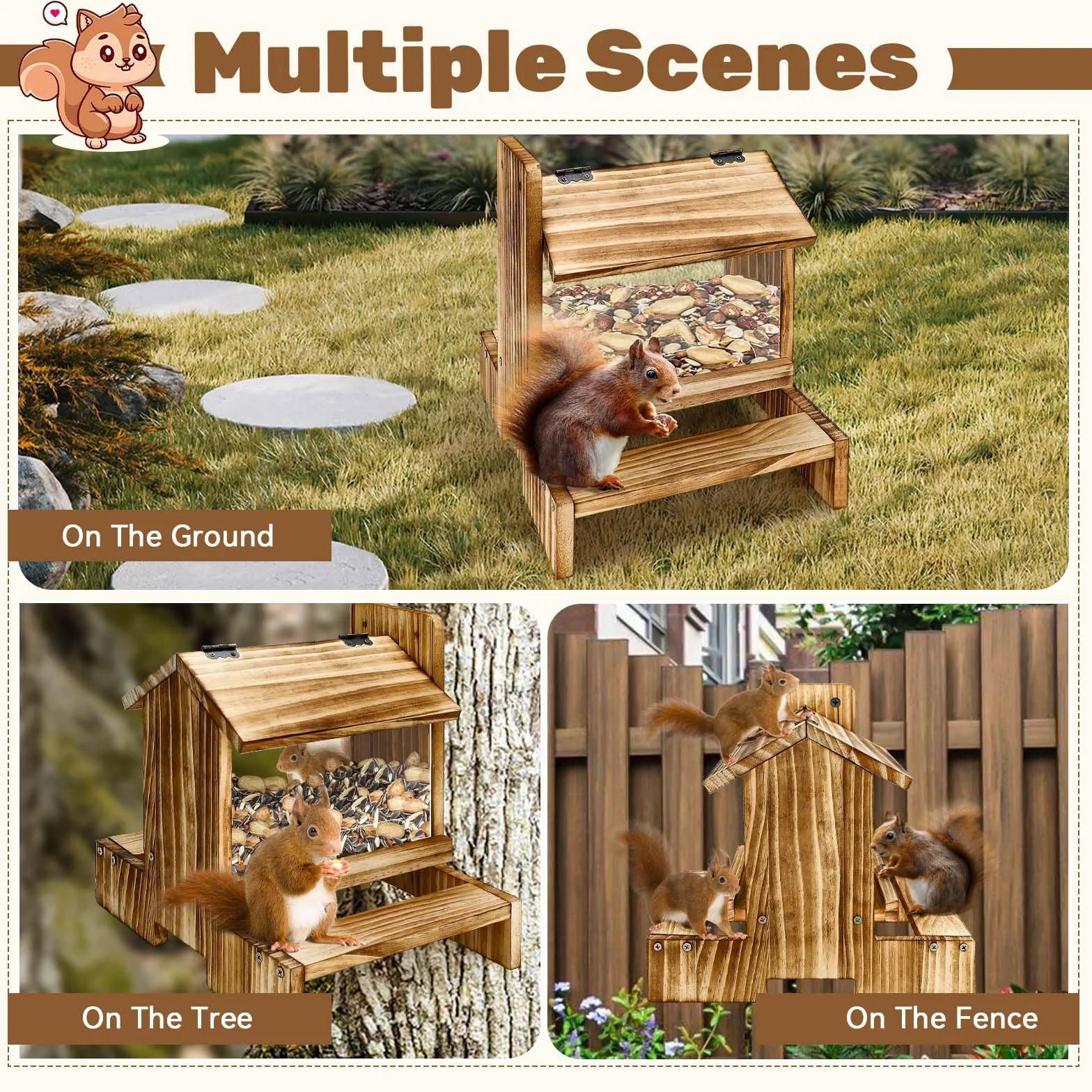 Mangeoire en bois pour écureuil extérieur - Mangeoire pour écureuils et tamias